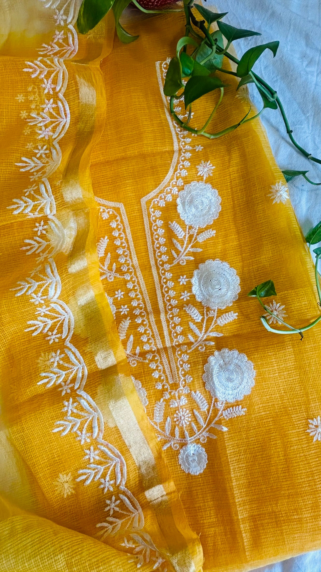 Kota Doria Embroidered Suit Set In Yellow (unstitched)