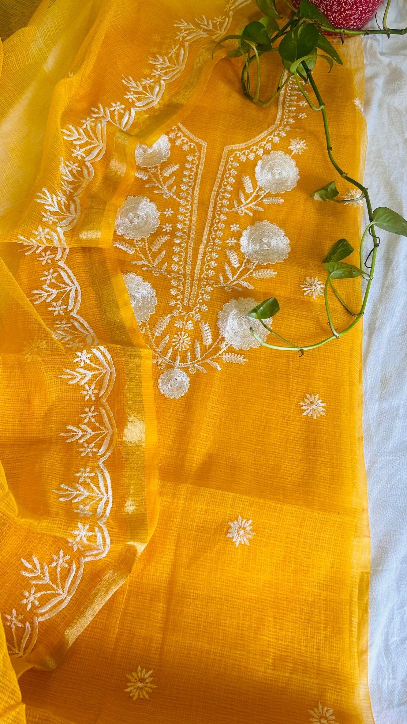 Kota Doria Embroidered Suit Set In Yellow (unstitched)