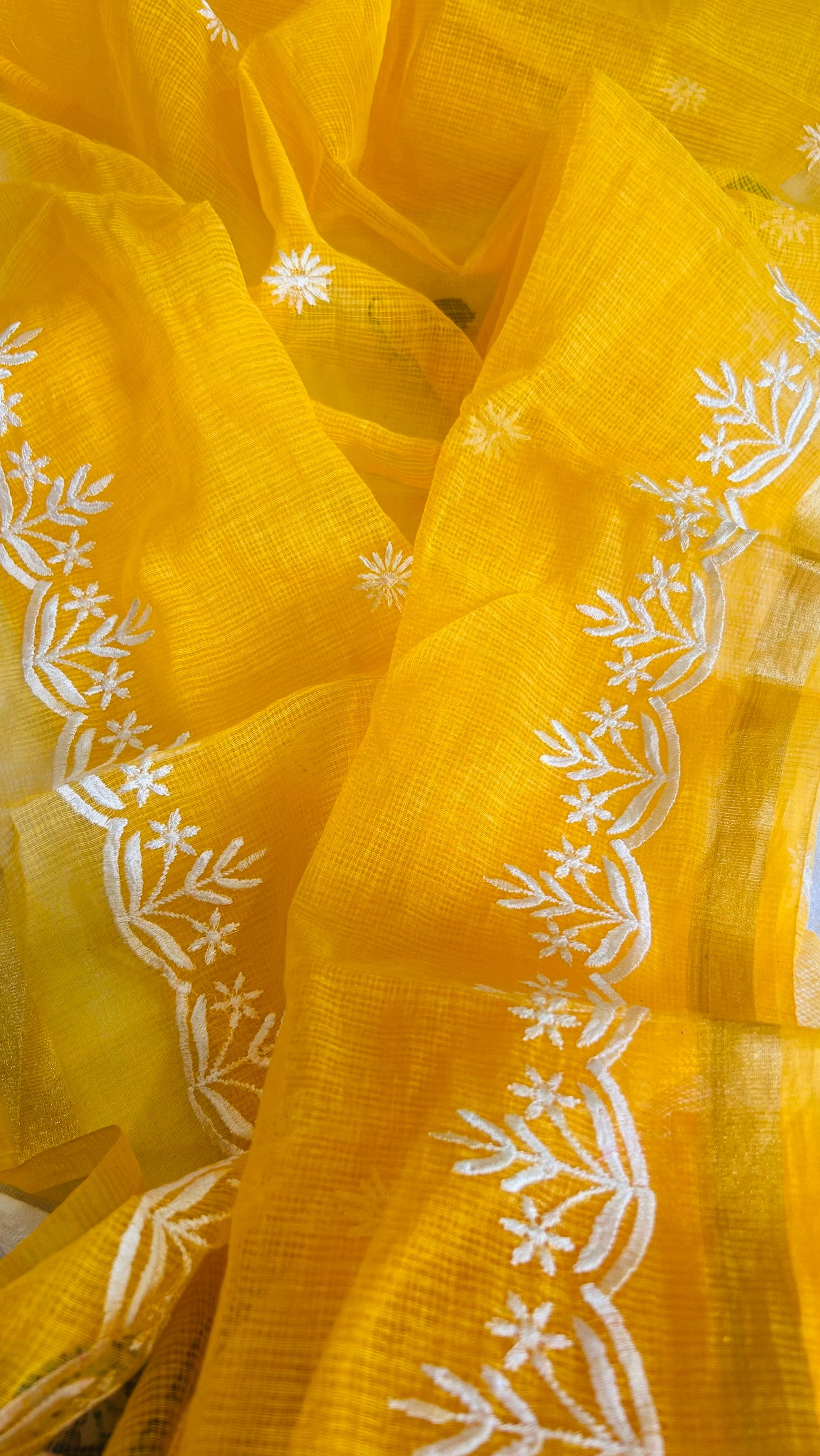 Kota Doria Embroidered Suit Set In Yellow (unstitched)