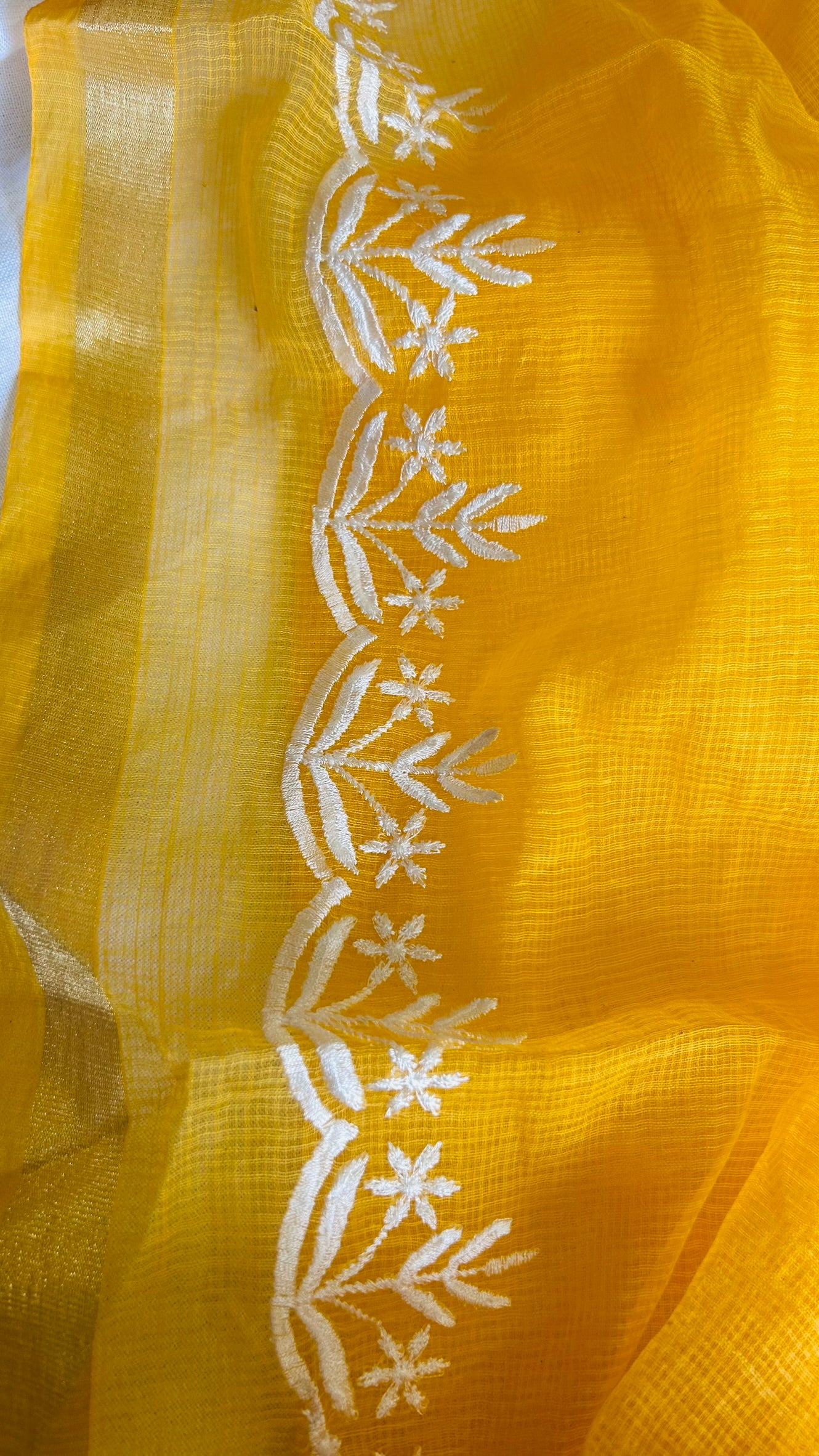 Kota Doria Embroidered Suit Set In Yellow (unstitched)