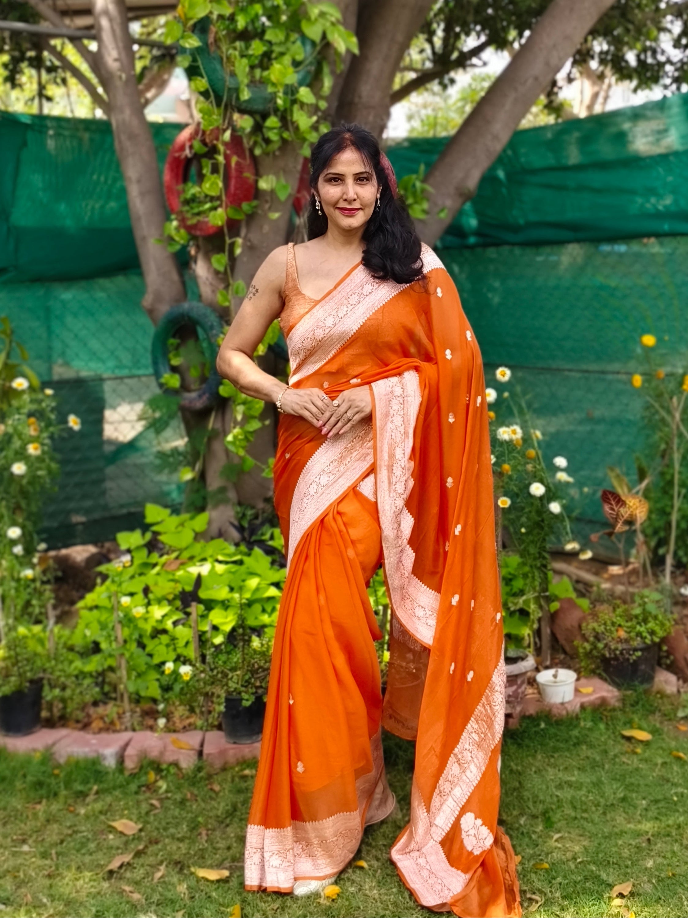 Rust Orange Banarasi Khaddi Georgette Jaal Saree