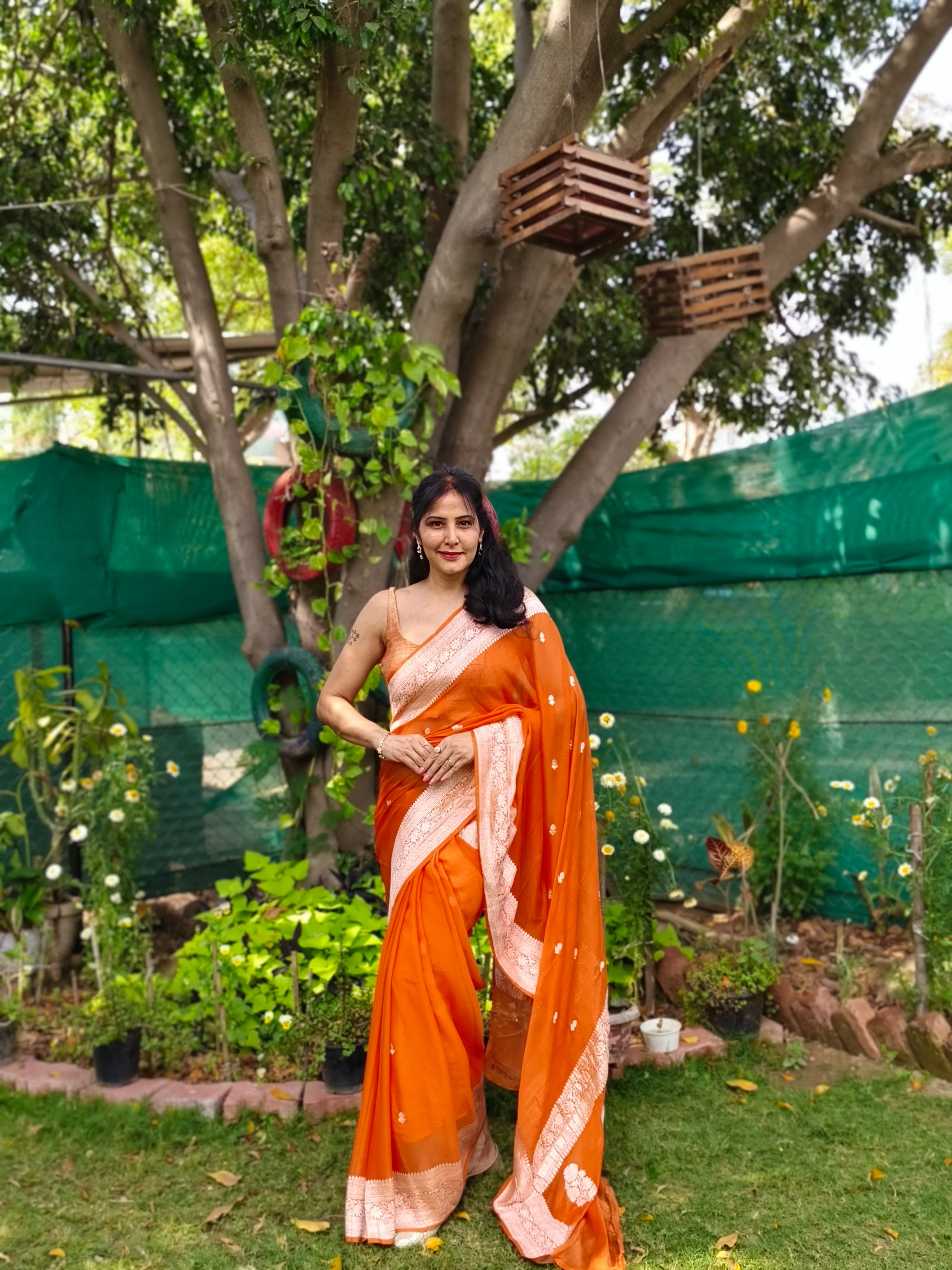 Rust Orange Banarasi Khaddi Georgette Jaal Saree