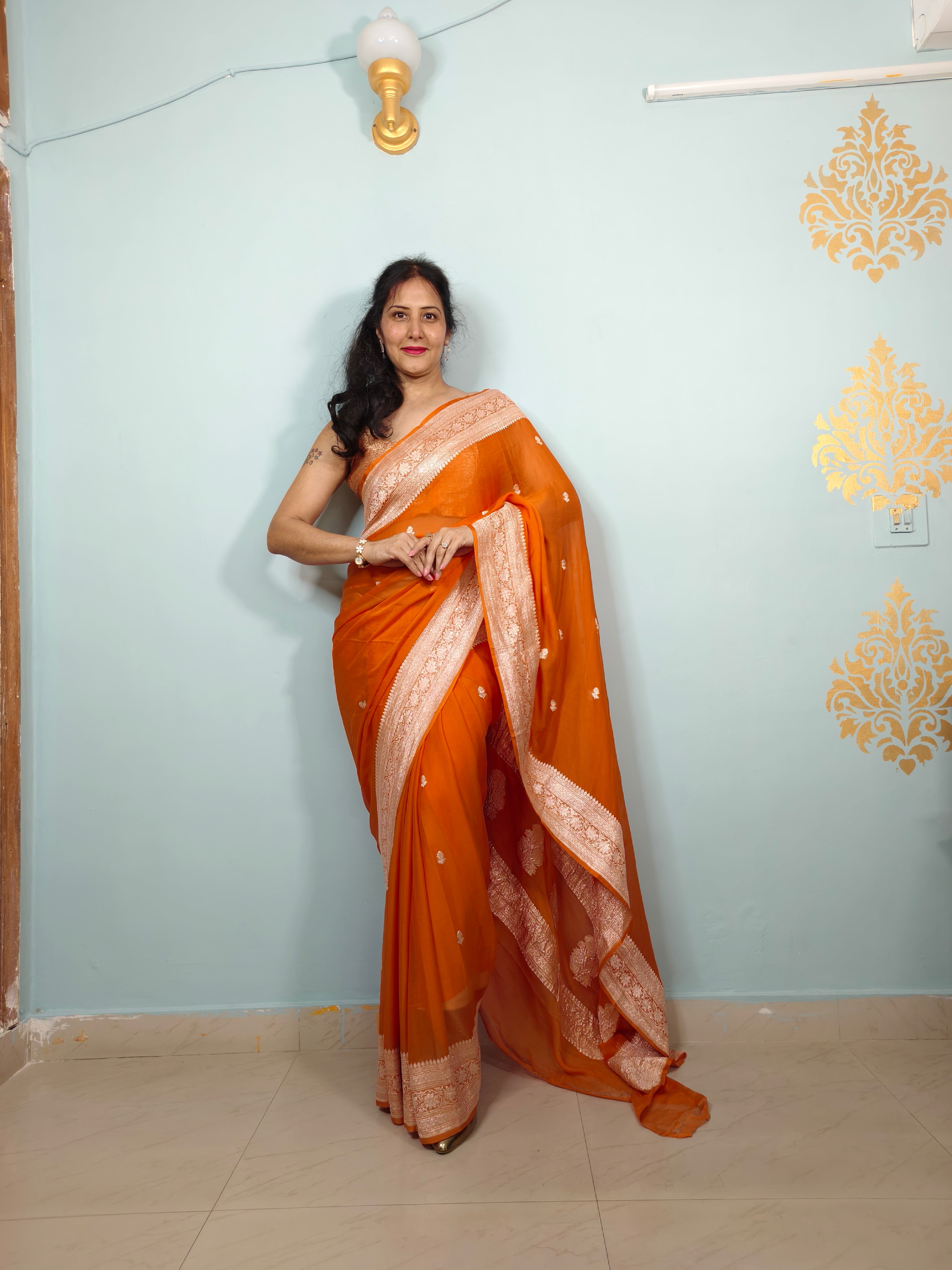 Rust Orange Banarasi Khaddi Georgette Jaal Saree