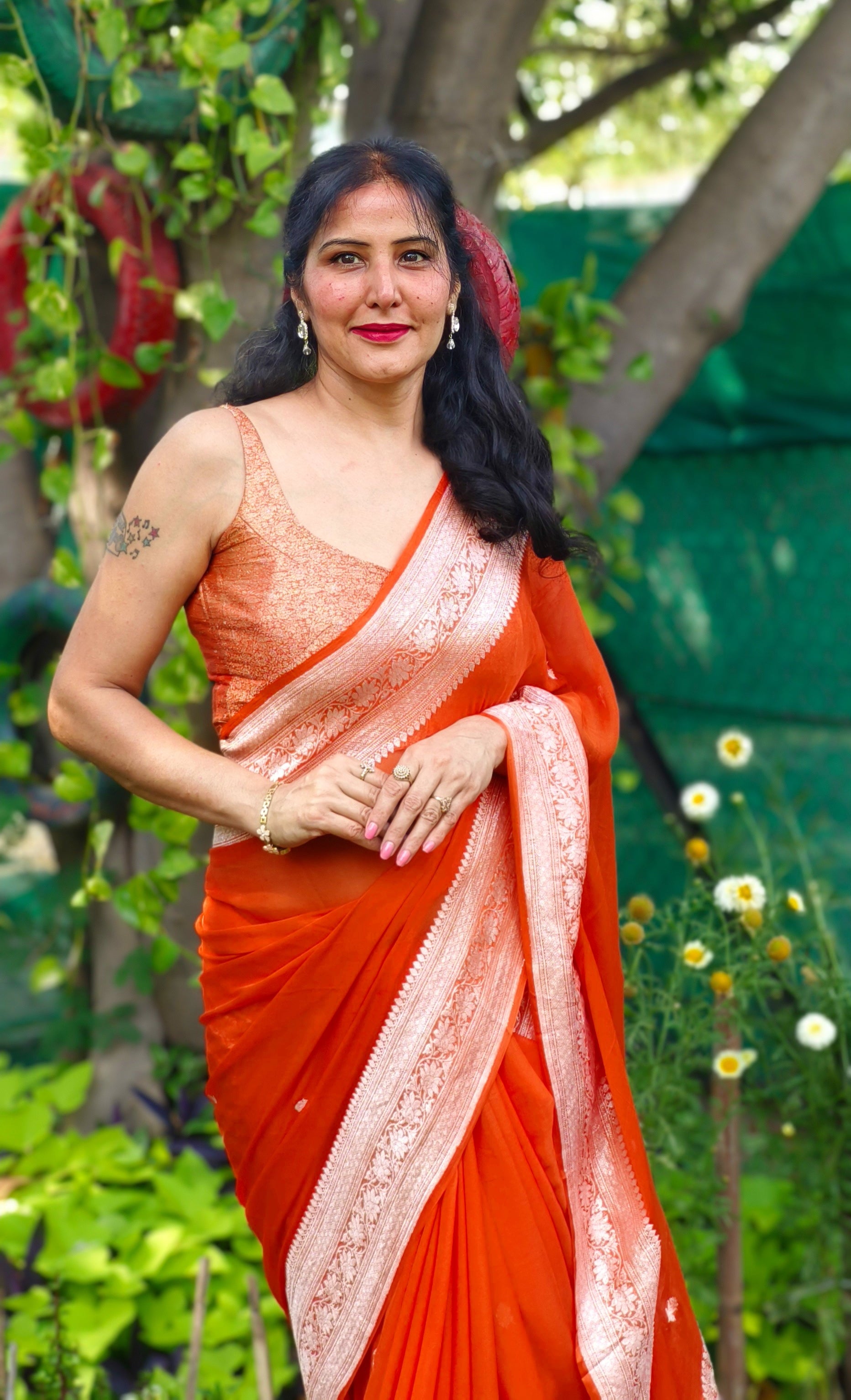 Rust Orange Banarasi Khaddi Georgette Jaal Saree