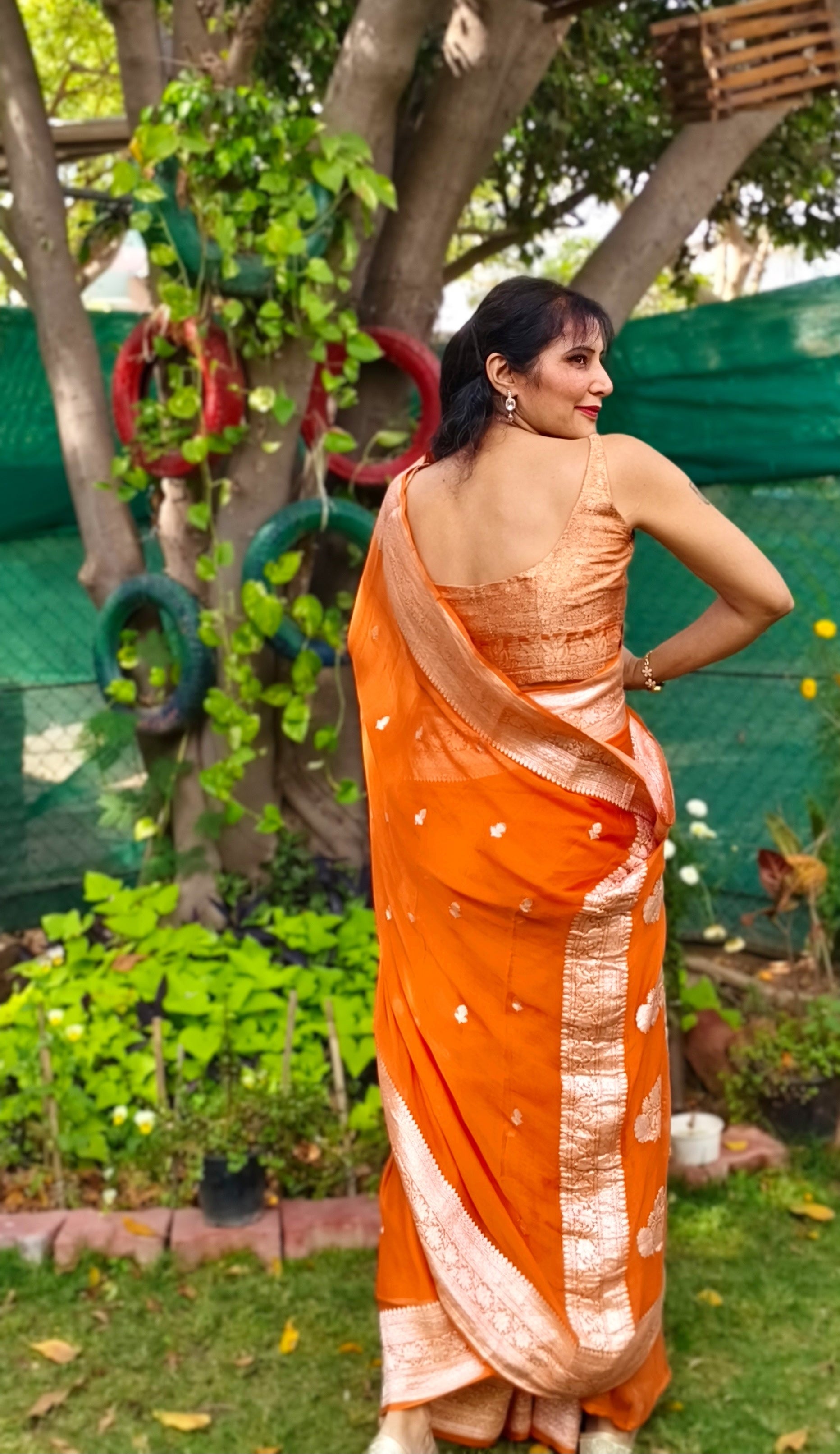 Rust Orange Banarasi Khaddi Georgette Jaal Saree