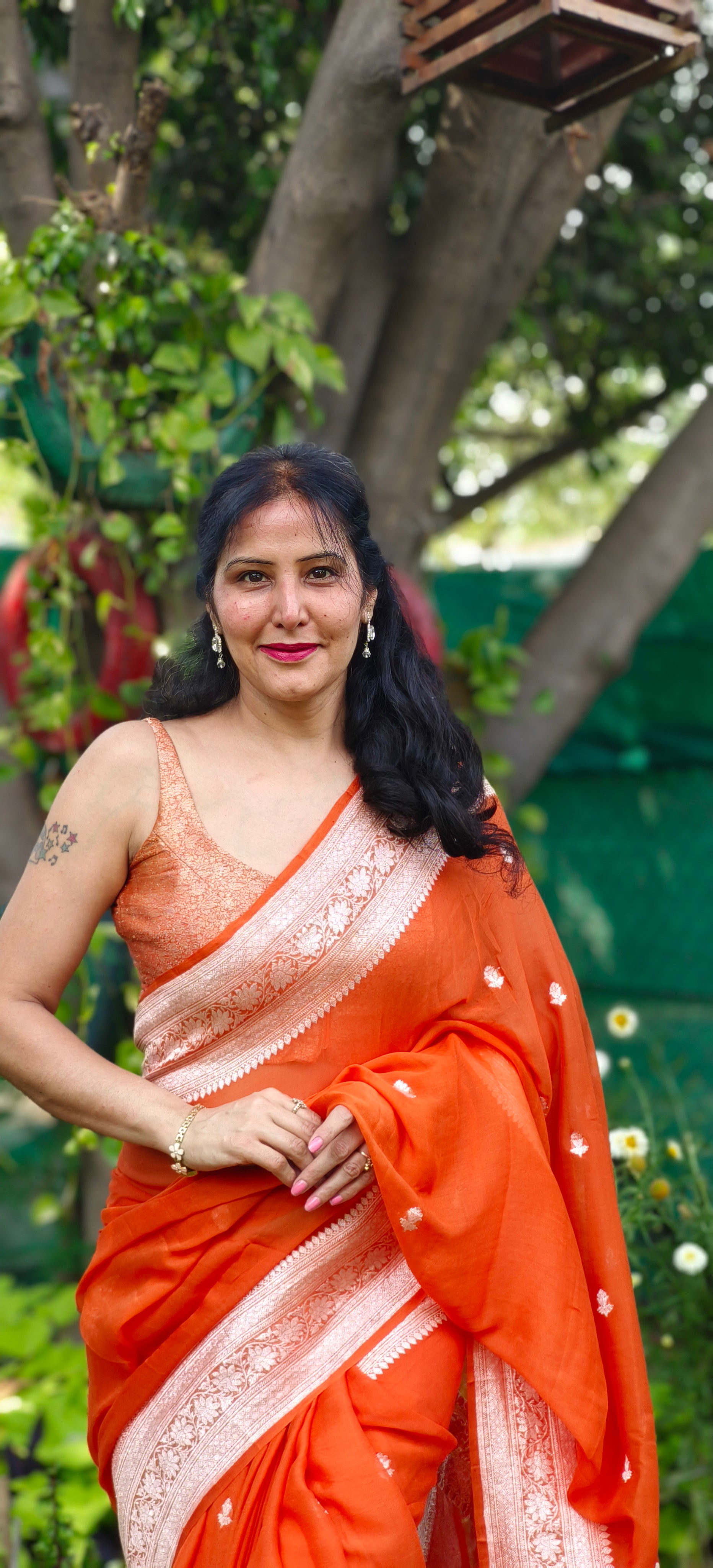 Rust Orange Banarasi Khaddi Georgette Jaal Saree