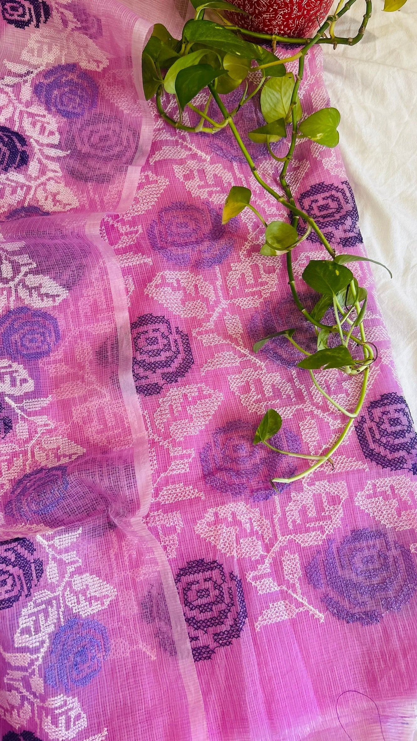 Kota Doria Embroidered Suit Set In Lavender (unstitched)
