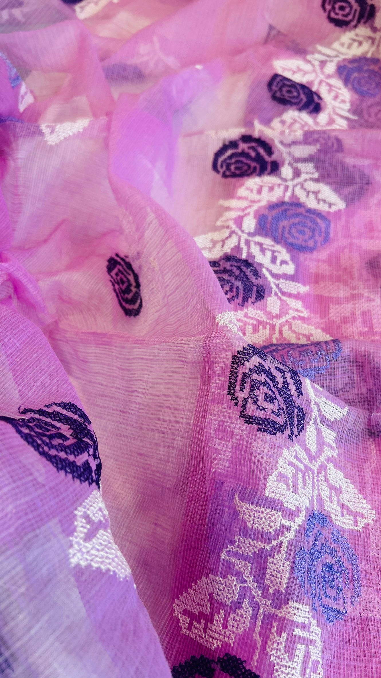 Kota Doria Embroidered Suit Set In Lavender (unstitched)