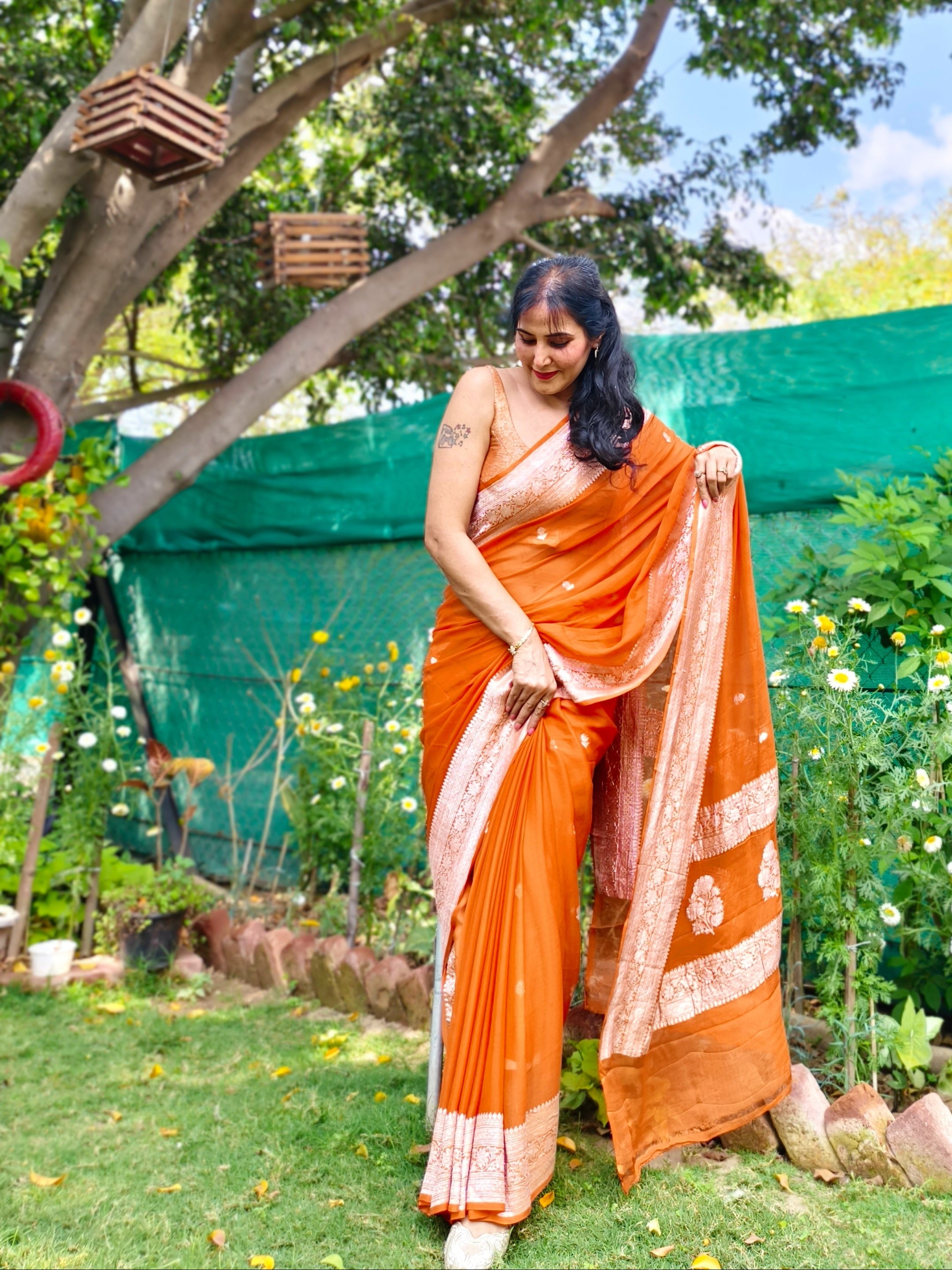 Rust Orange Banarasi Khaddi Georgette Jaal Saree