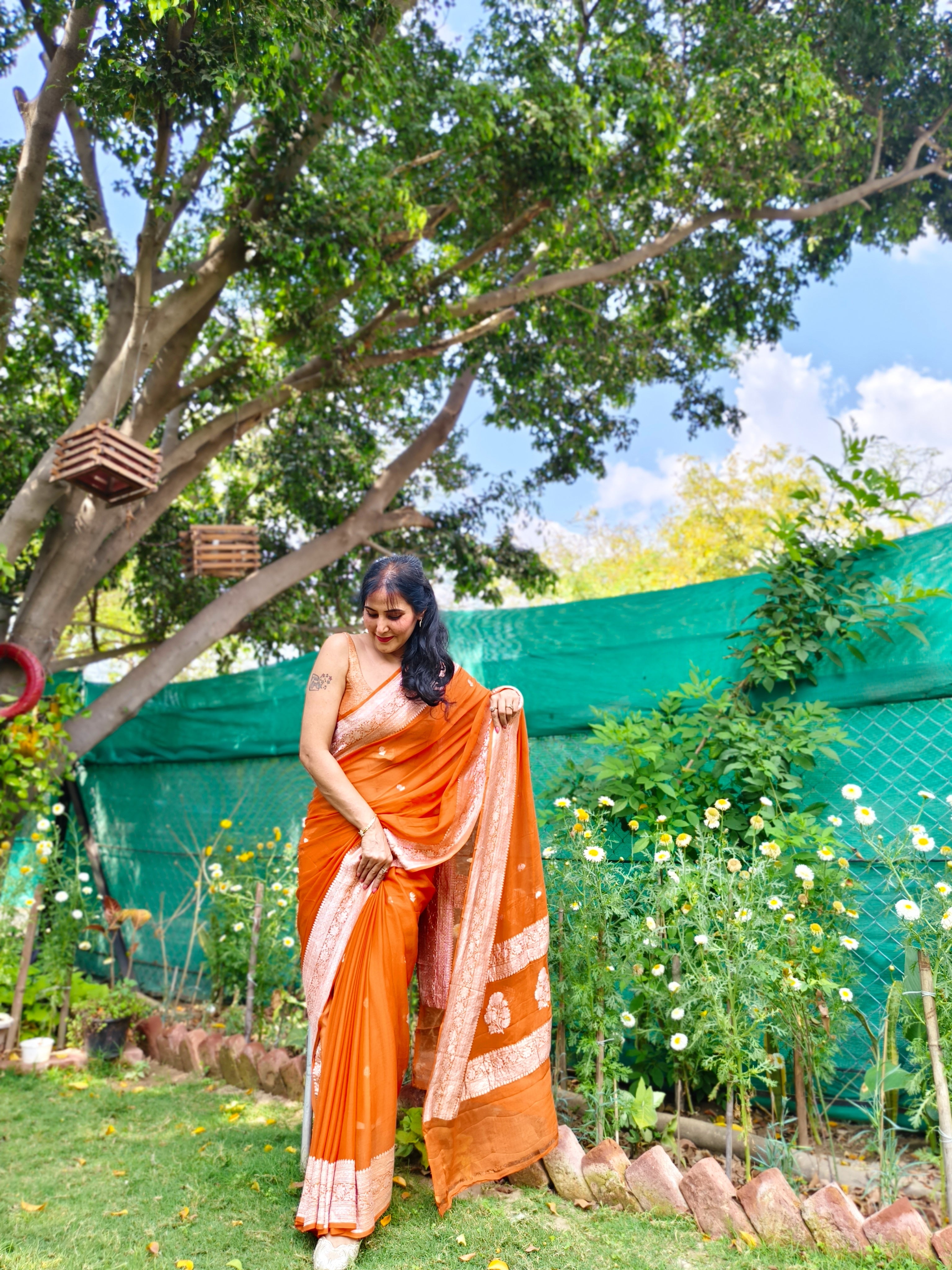 Rust Orange Banarasi Khaddi Georgette Jaal Saree