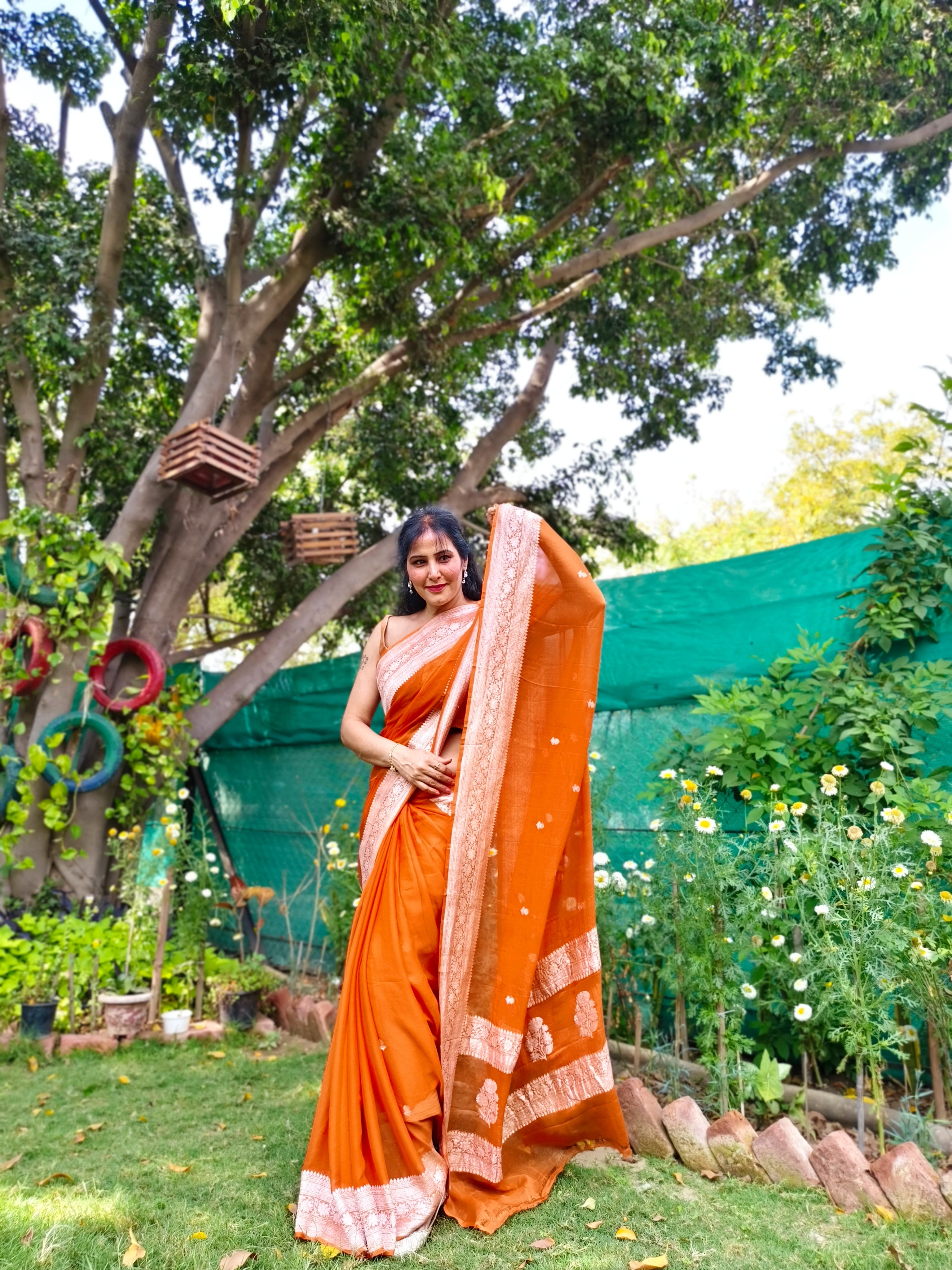 Rust Orange Banarasi Khaddi Georgette Jaal Saree
