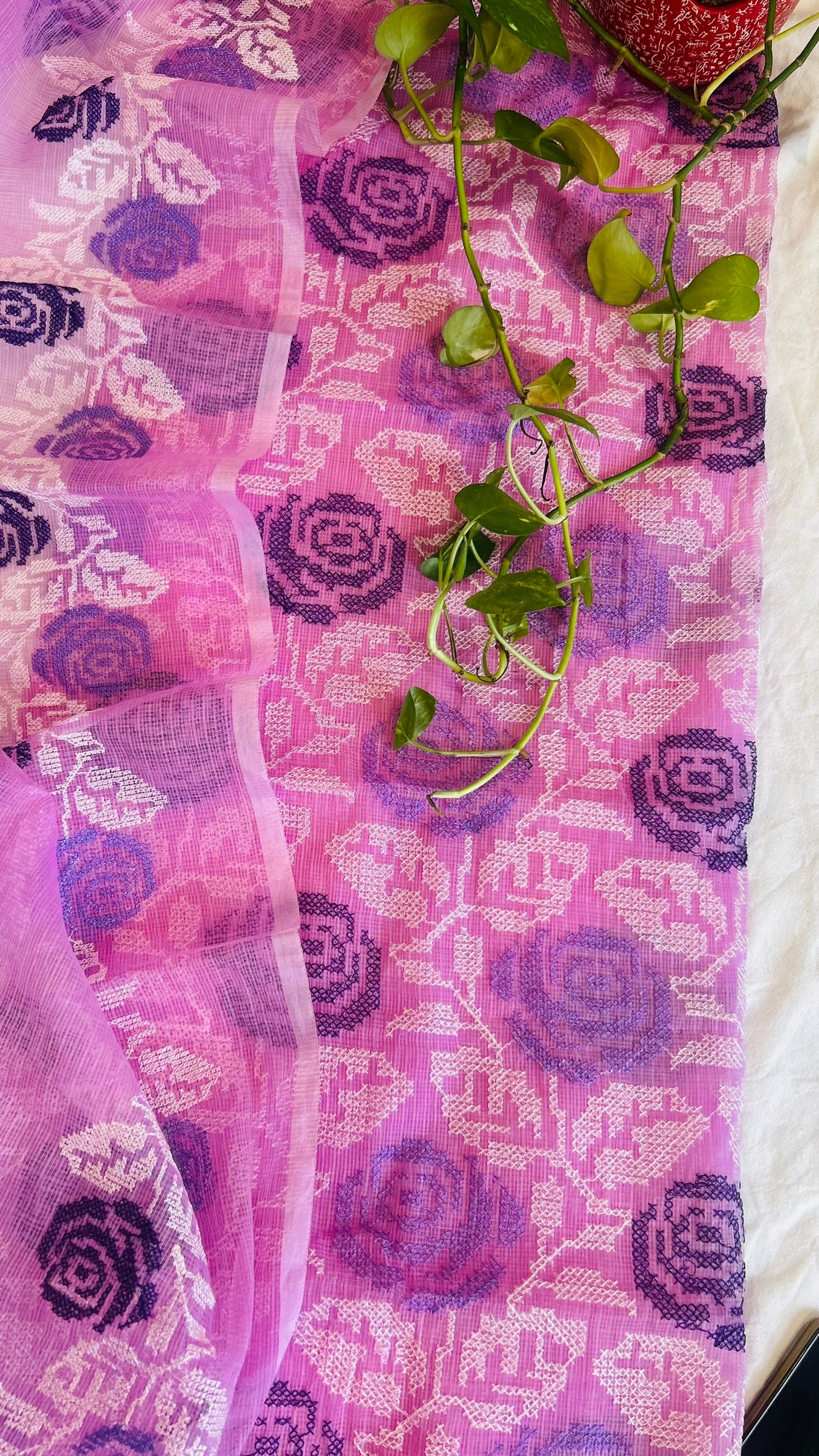 Kota Doria Embroidered Suit Set In Lavender (unstitched)