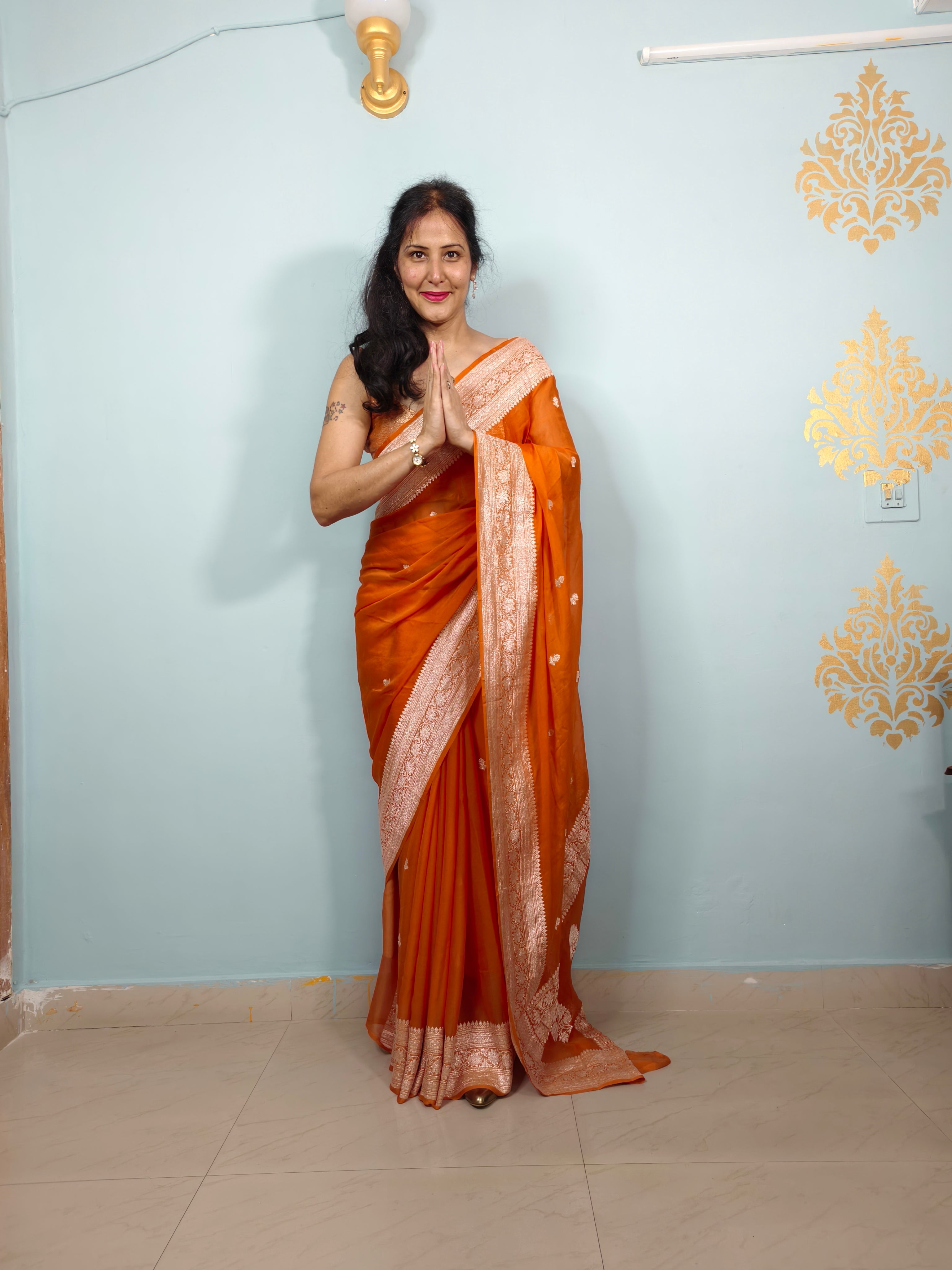 Rust Orange Banarasi Khaddi Georgette Jaal Saree