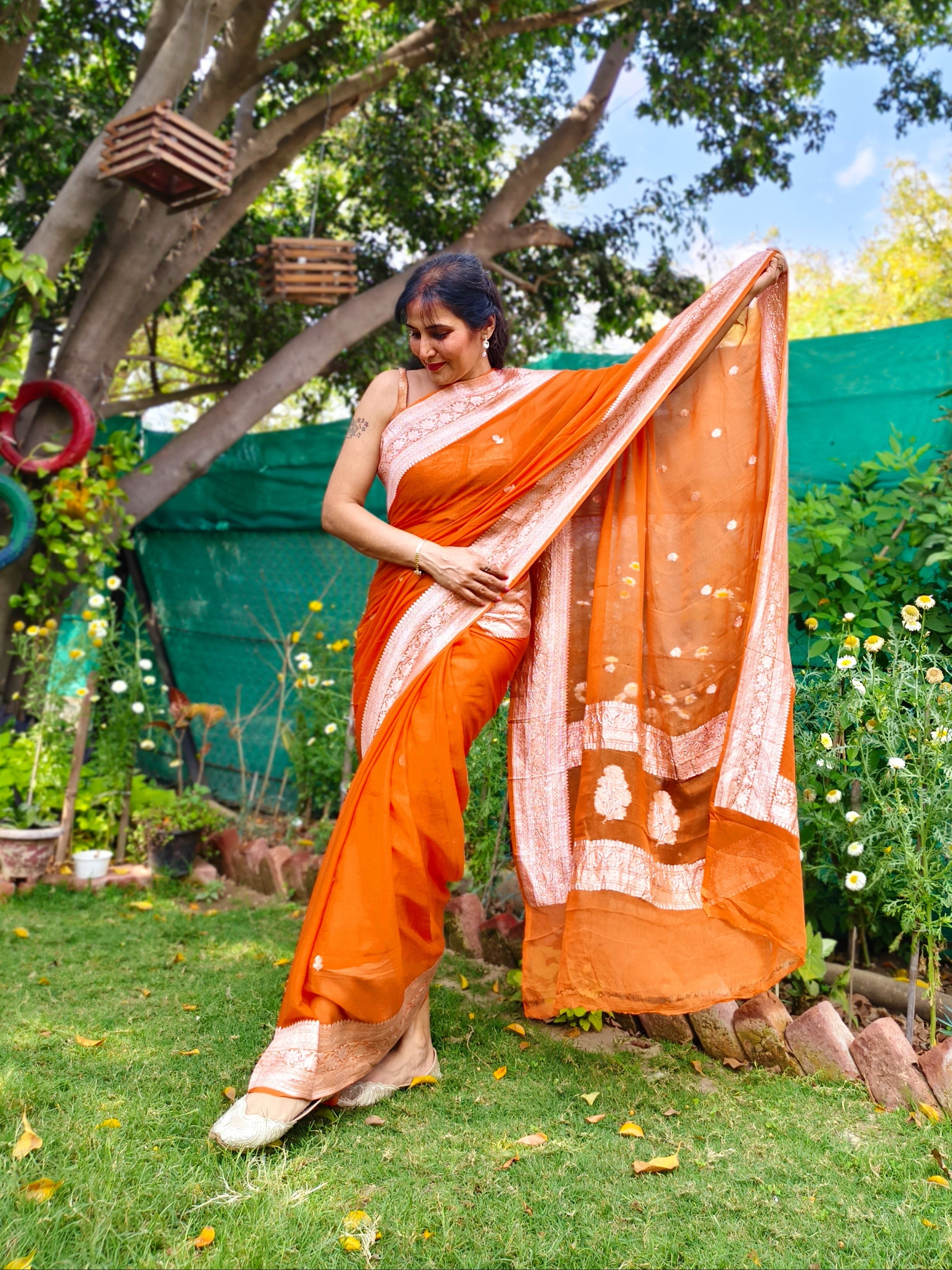 Rust Orange Banarasi Khaddi Georgette Jaal Saree