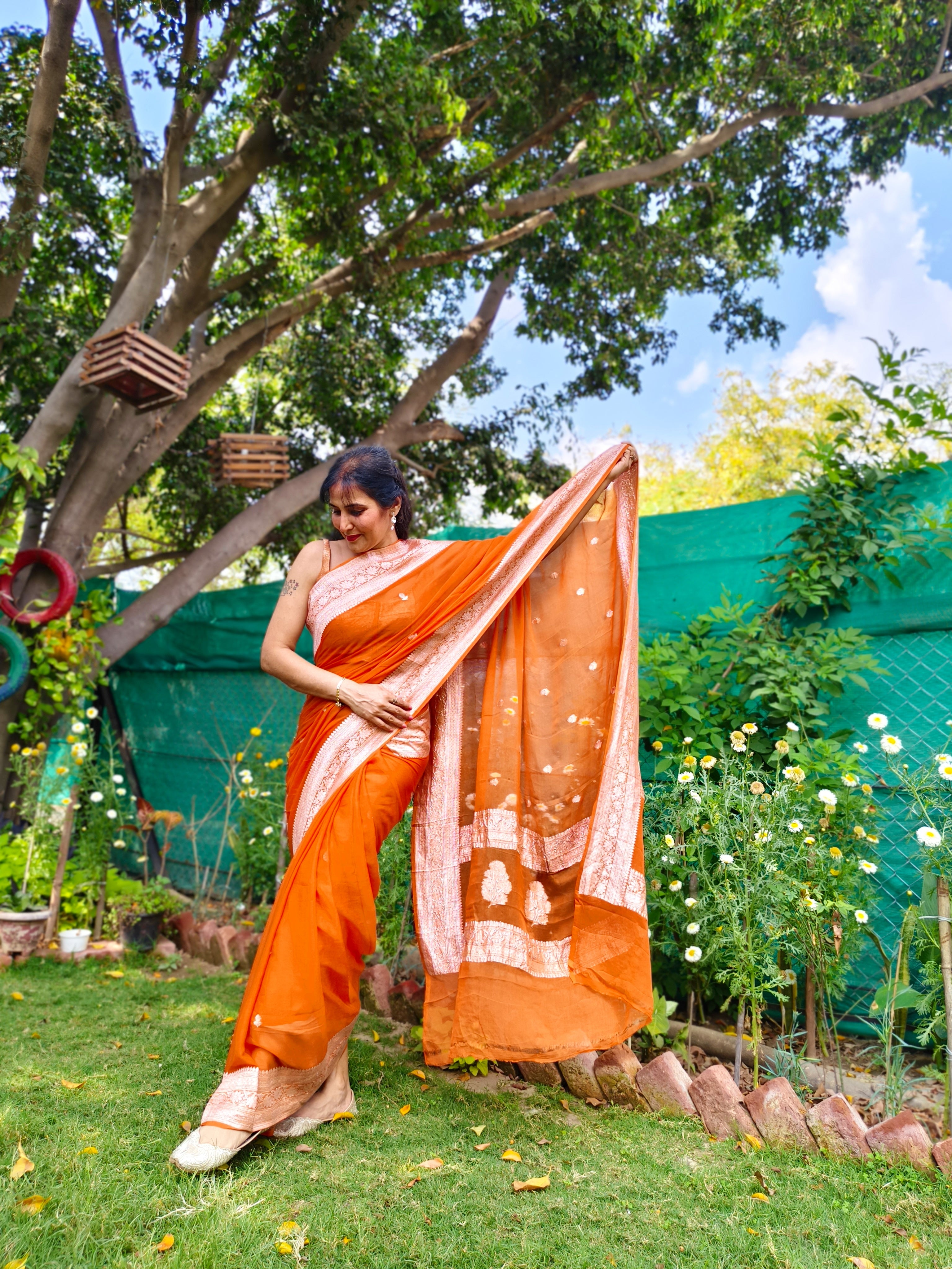 Rust Orange Banarasi Khaddi Georgette Jaal Saree