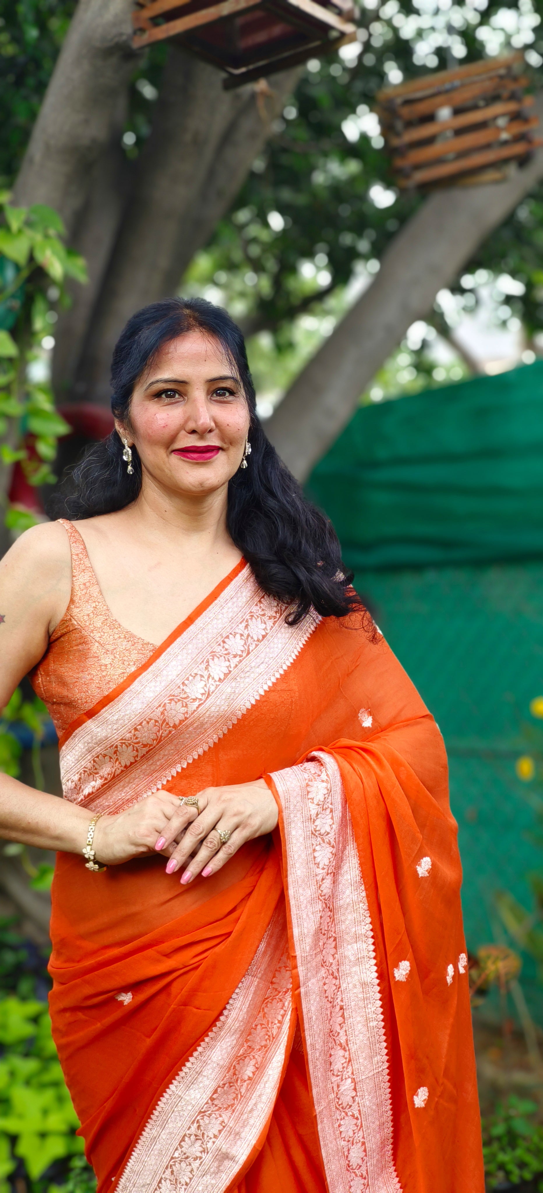Rust Orange Banarasi Khaddi Georgette Jaal Saree
