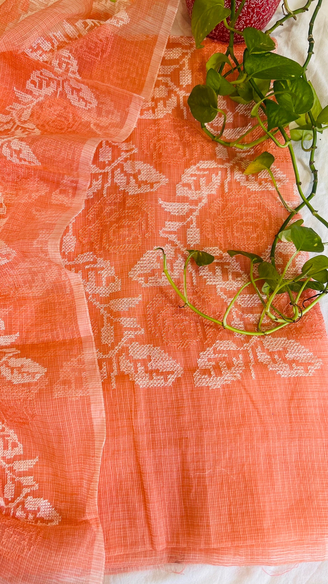 Kota Doria Embroidered Suit Set In Peach (unstitched)