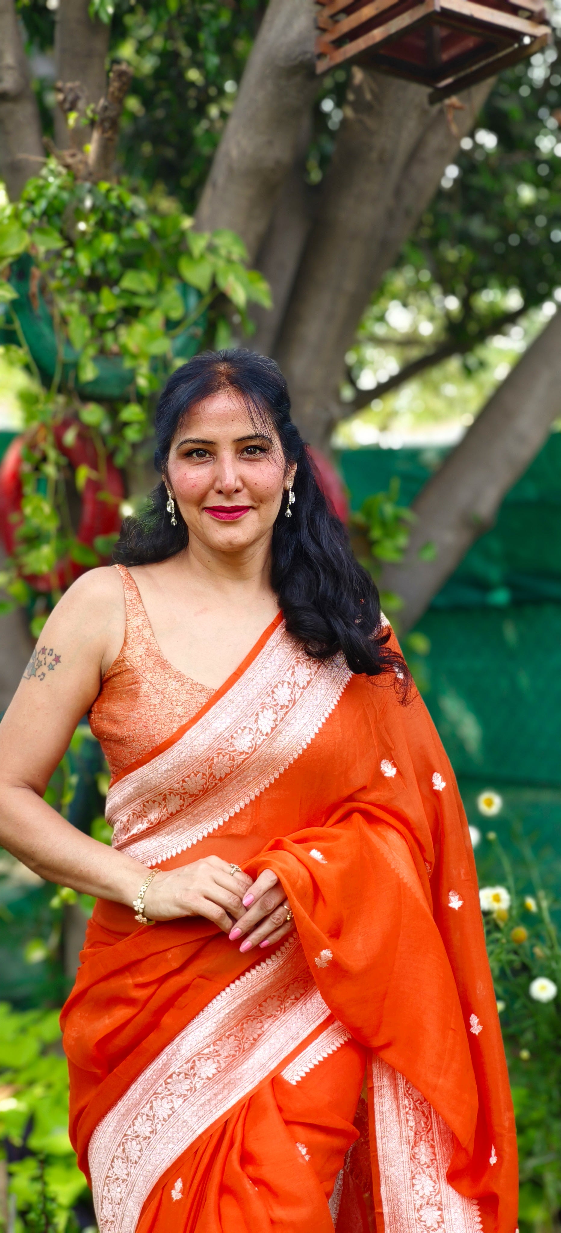 Rust Orange Banarasi Khaddi Georgette Jaal Saree