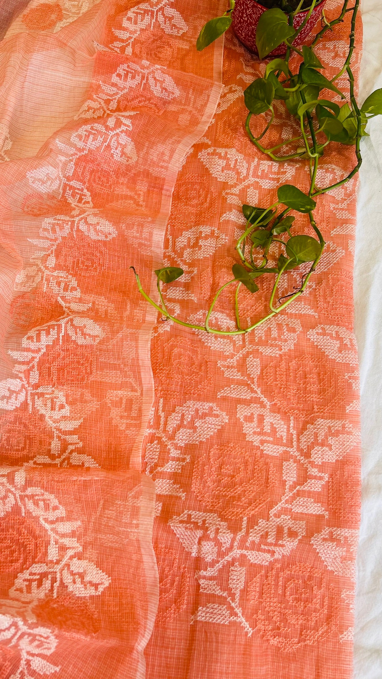 Kota Doria Embroidered Suit Set In Peach (unstitched)