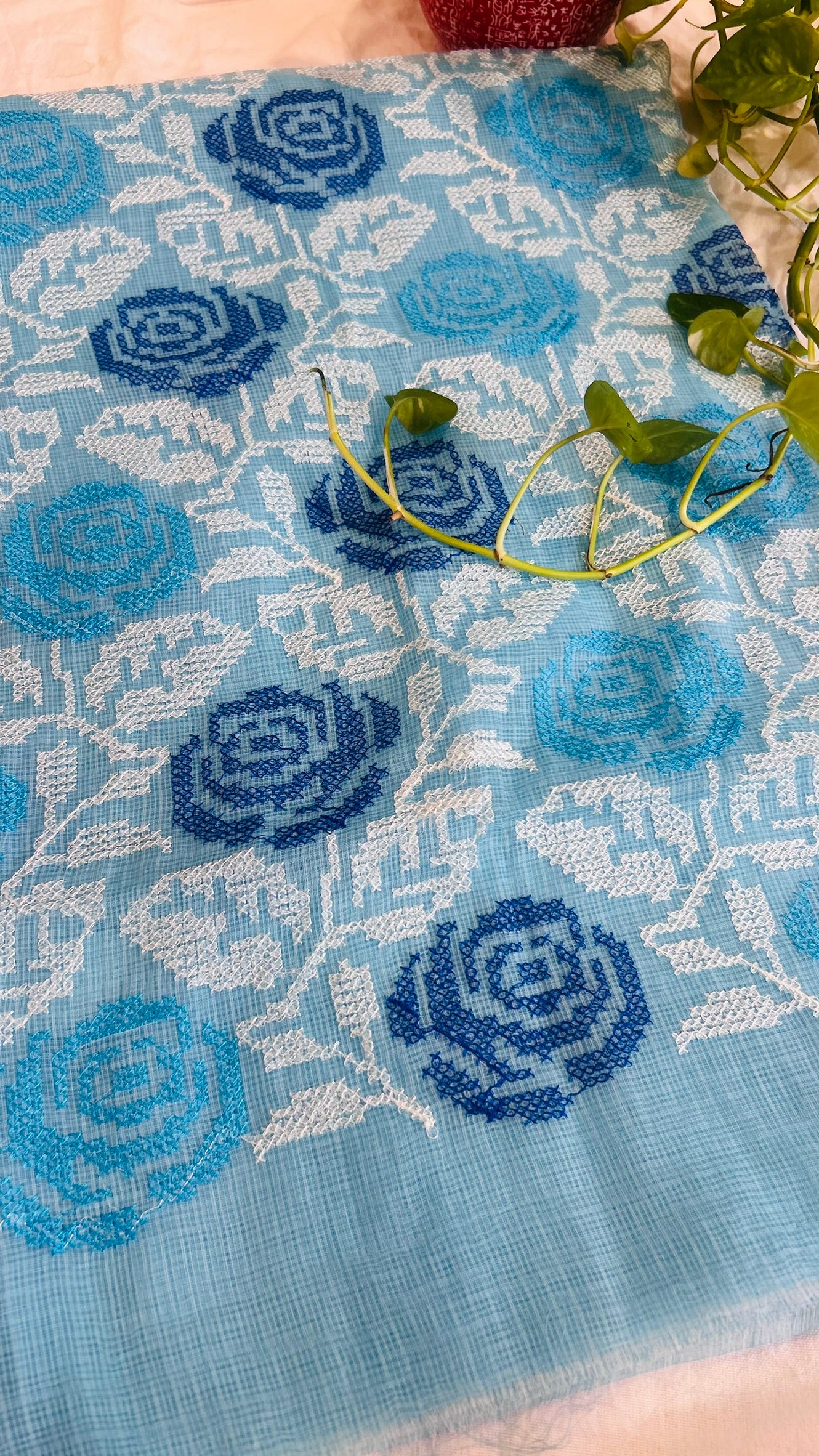 Kota Doria Embroidered Suit Set In Blue (unstitched)