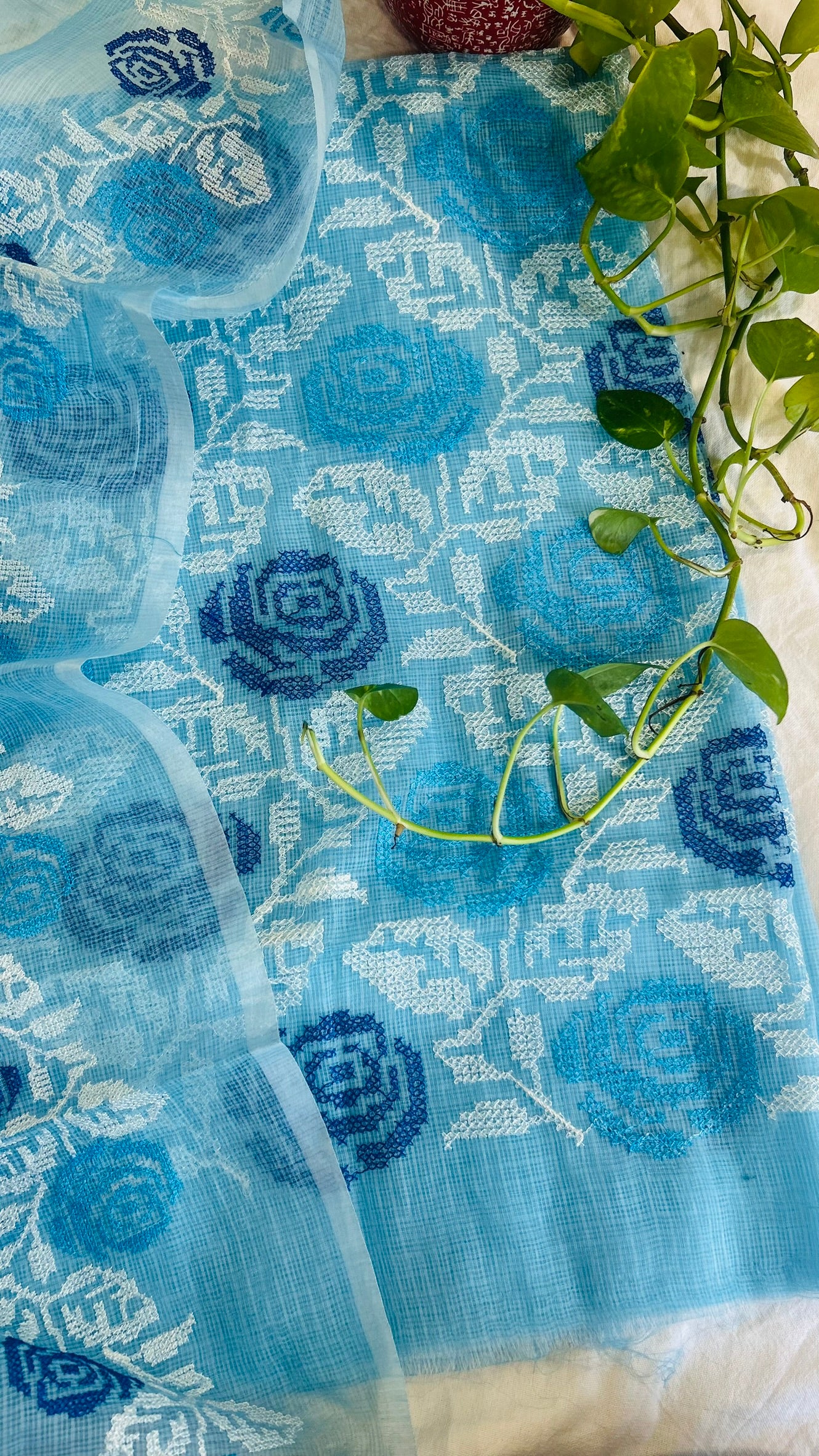 Kota Doria Embroidered Suit Set In Blue (unstitched)