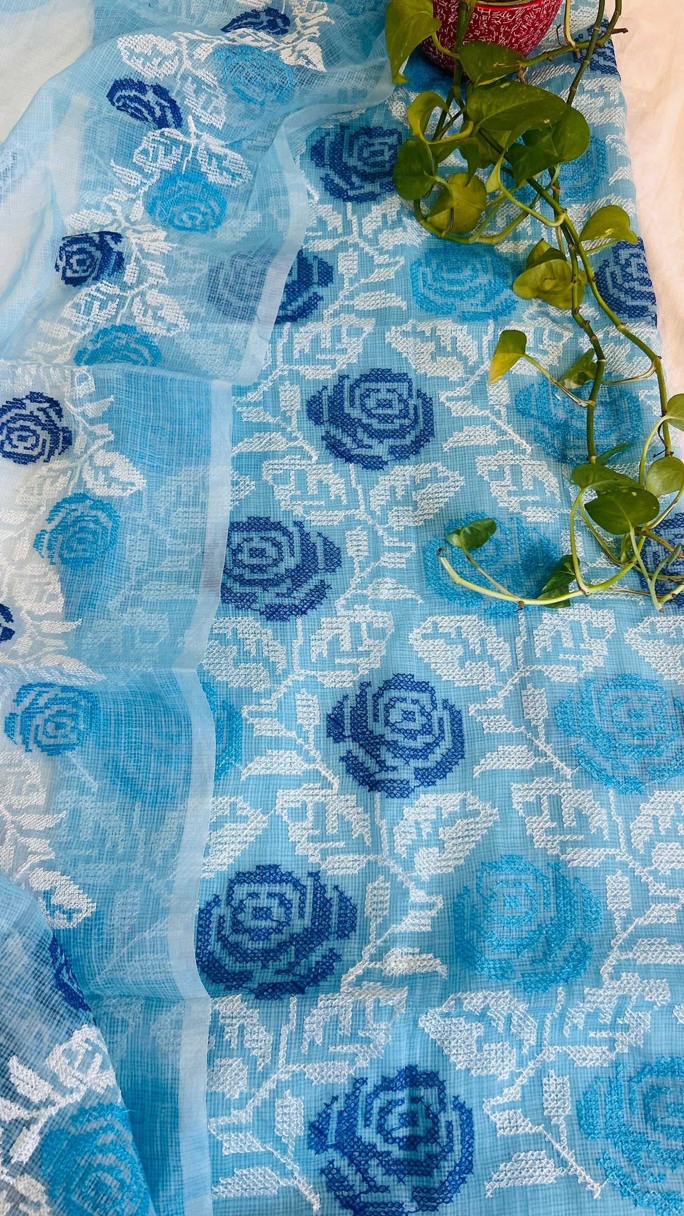 Kota Doria Embroidered Suit Set In Blue (unstitched)