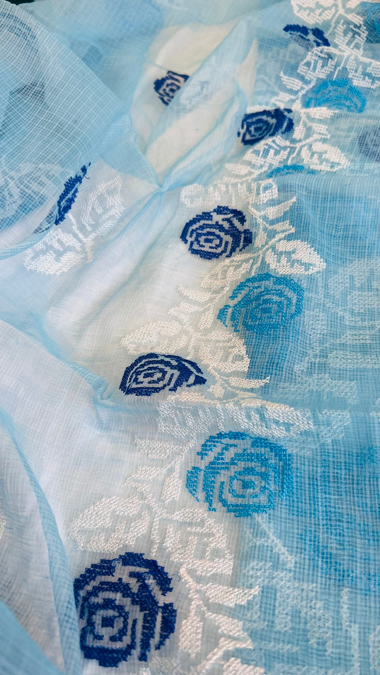 Kota Doria Embroidered Suit Set In Blue (unstitched)