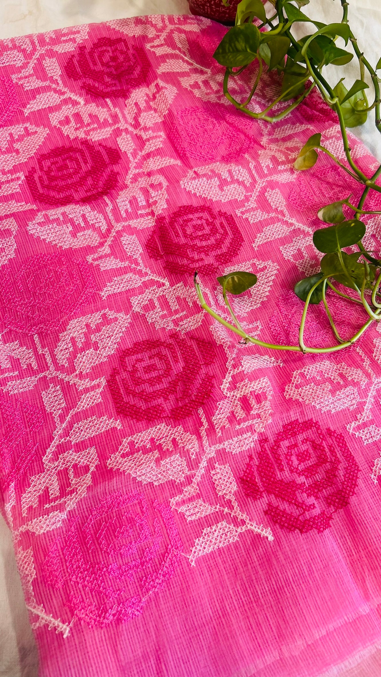 Kota Doria Embroidered Suit Set In Pink (unstitched)