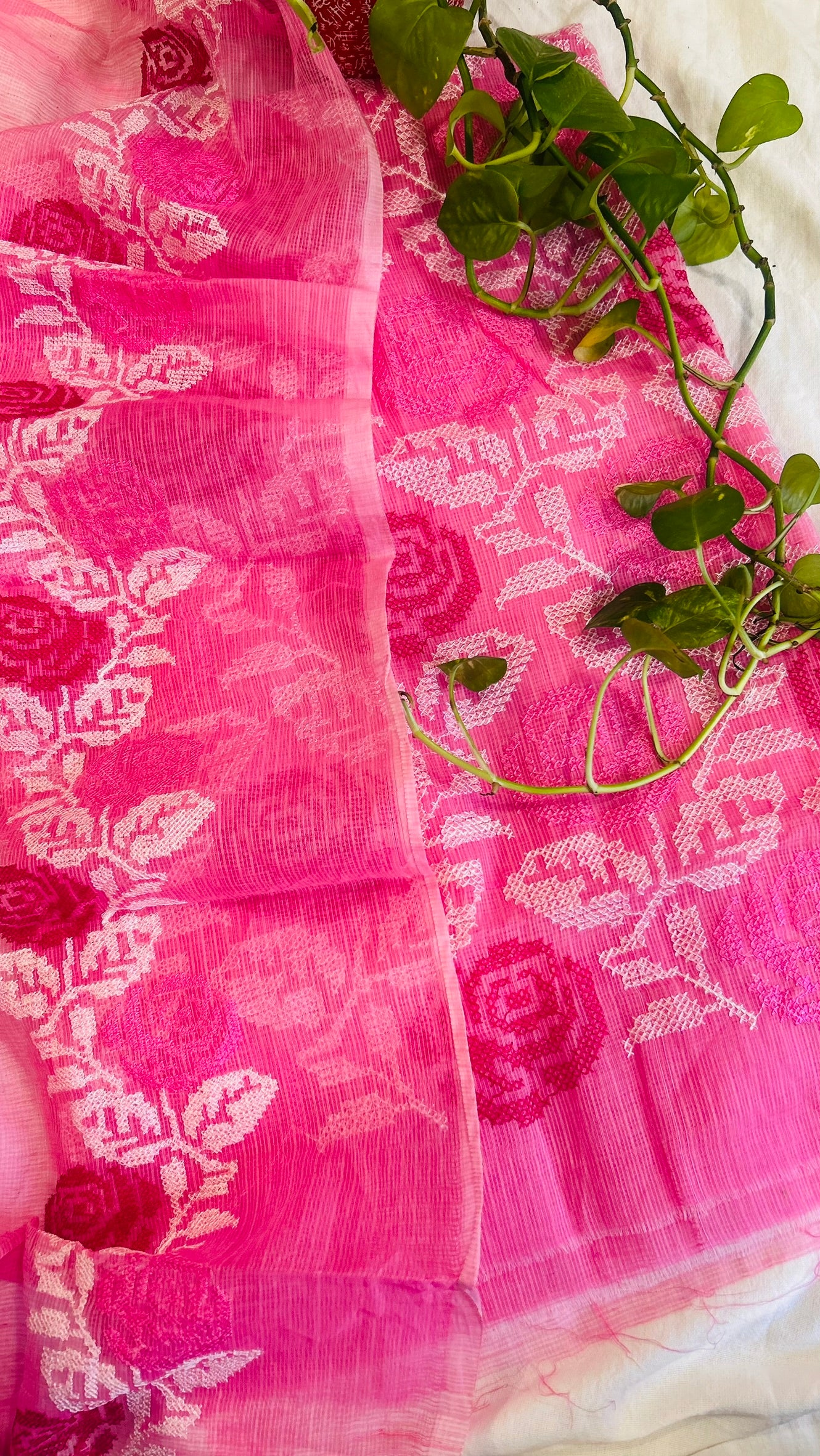 Kota Doria Embroidered Suit Set In Pink (unstitched)
