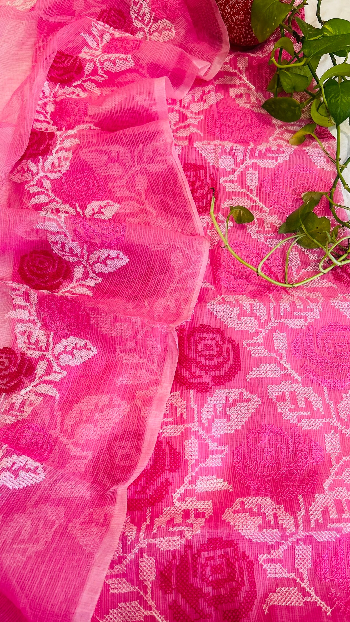 Kota Doria Embroidered Suit Set In Pink (unstitched)