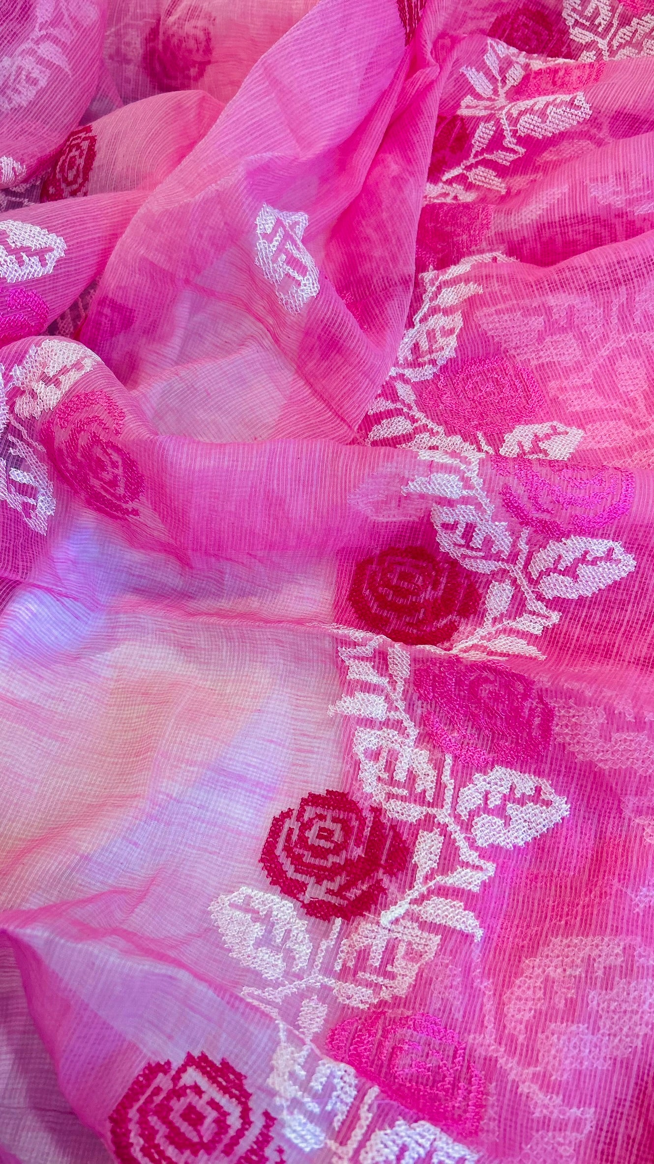 Kota Doria Embroidered Suit Set In Pink (unstitched)