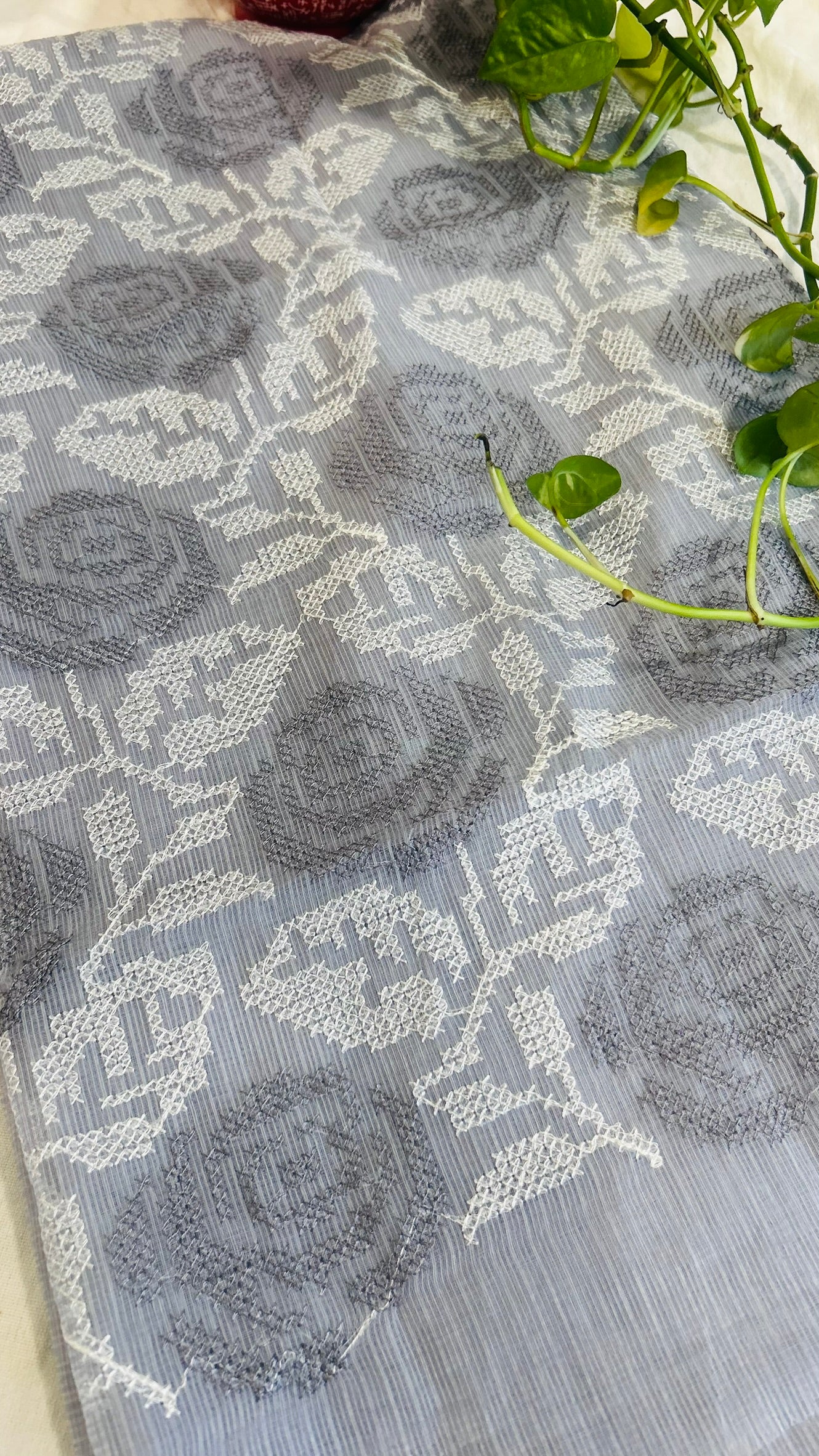 Kota Doria Embroidered Suit Set In Grey (unstitched)
