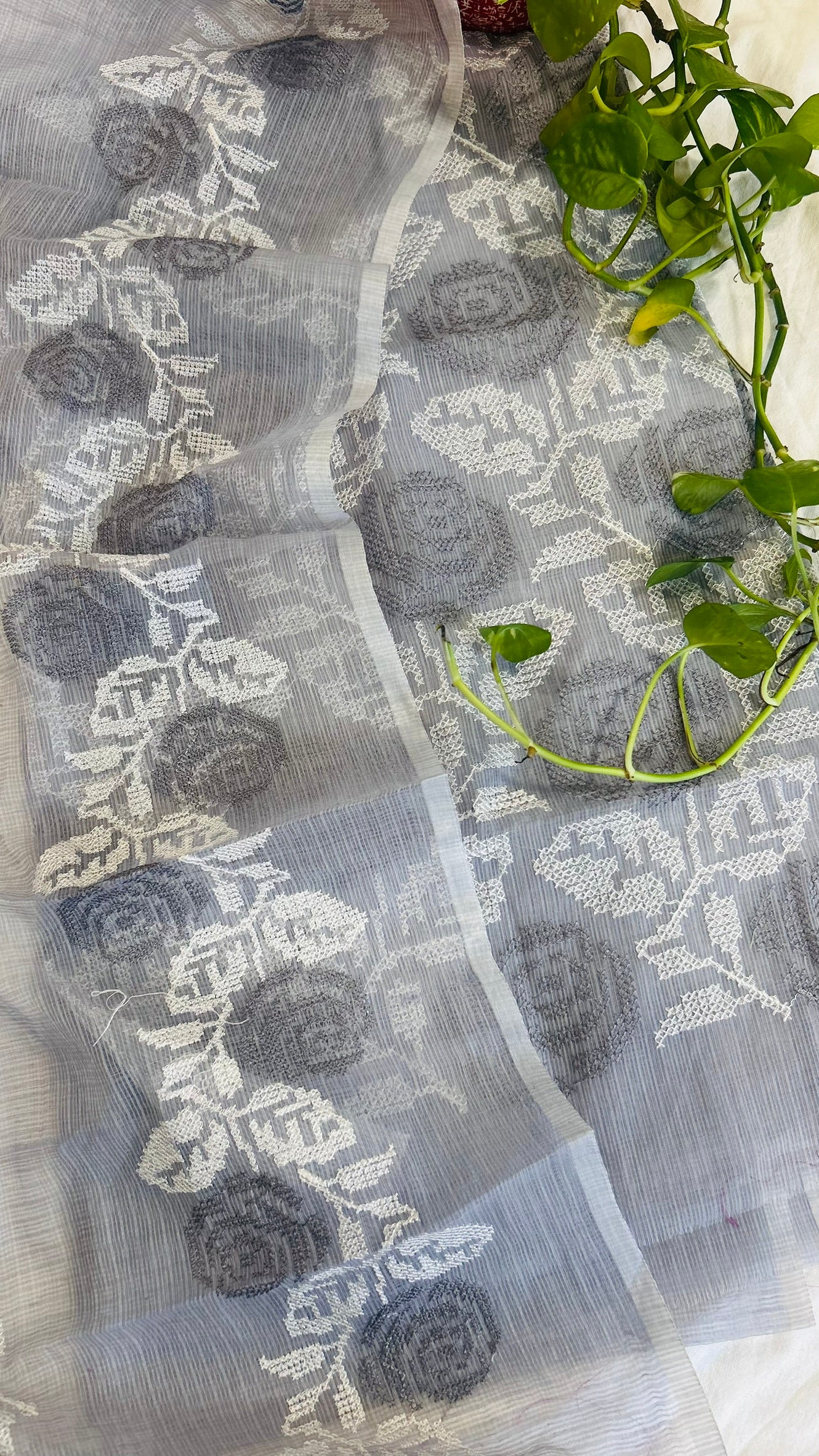 Kota Doria Embroidered Suit Set In Grey (unstitched)