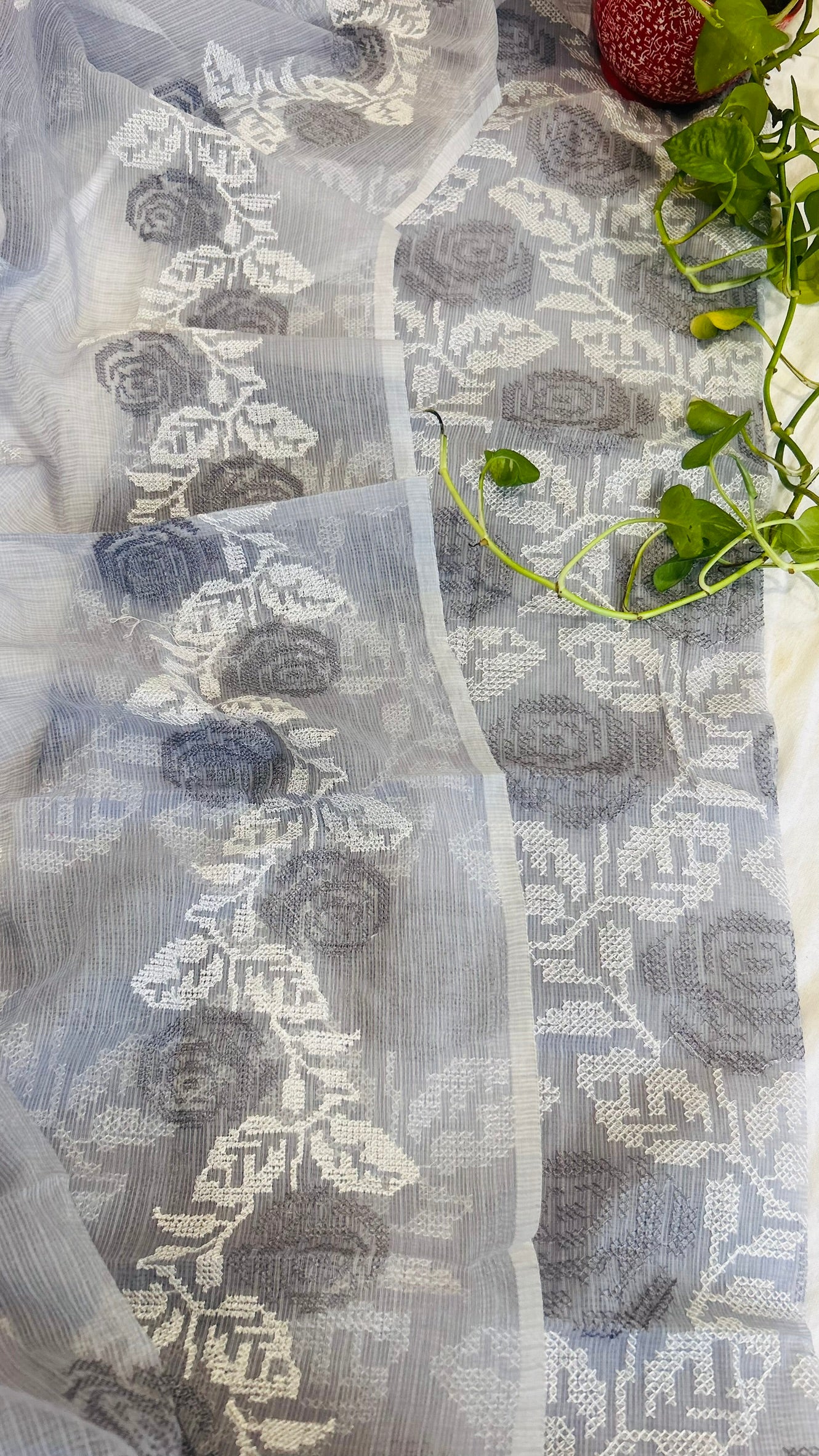 Kota Doria Embroidered Suit Set In Grey (unstitched)