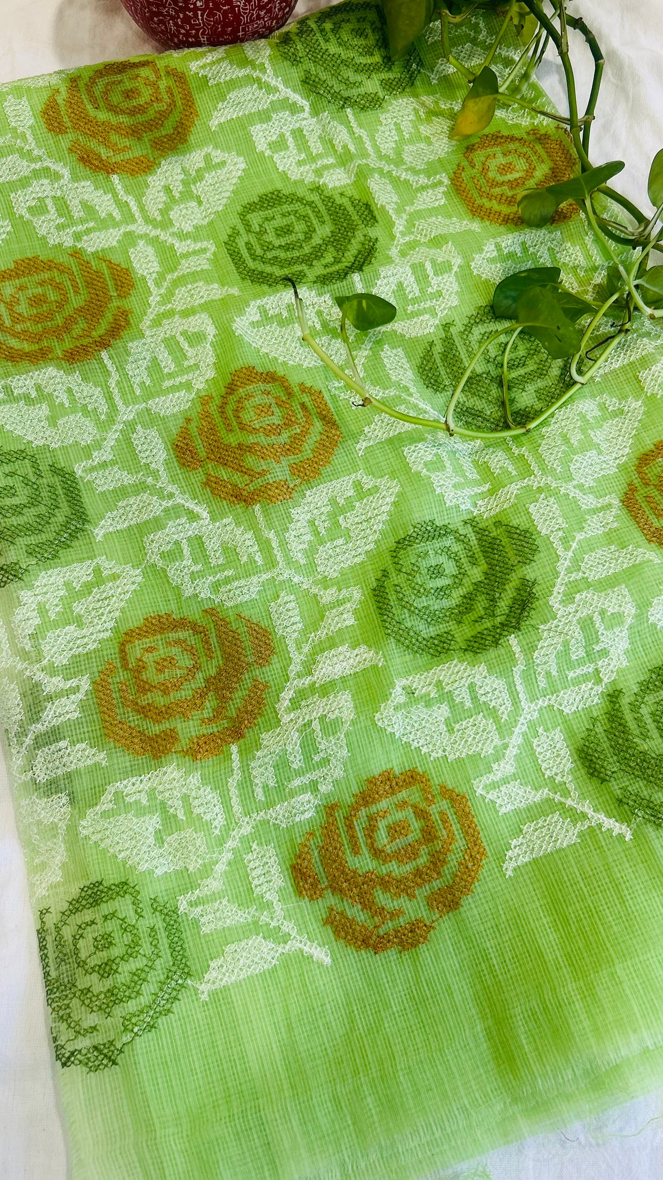 Kota Doria Embroidered Suit Set In Green (unstitched)
