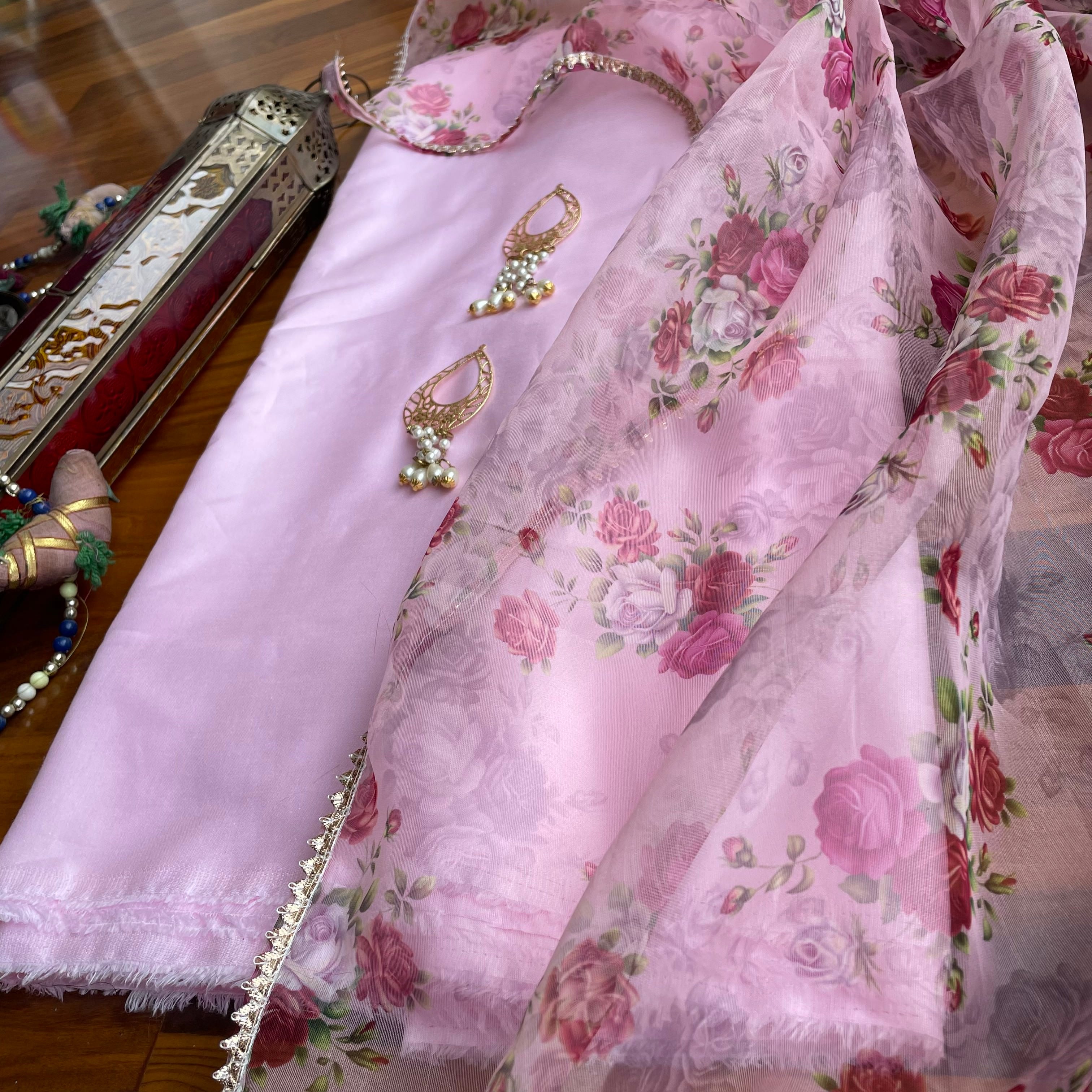 Pink Floral Organza Dupatta Suit