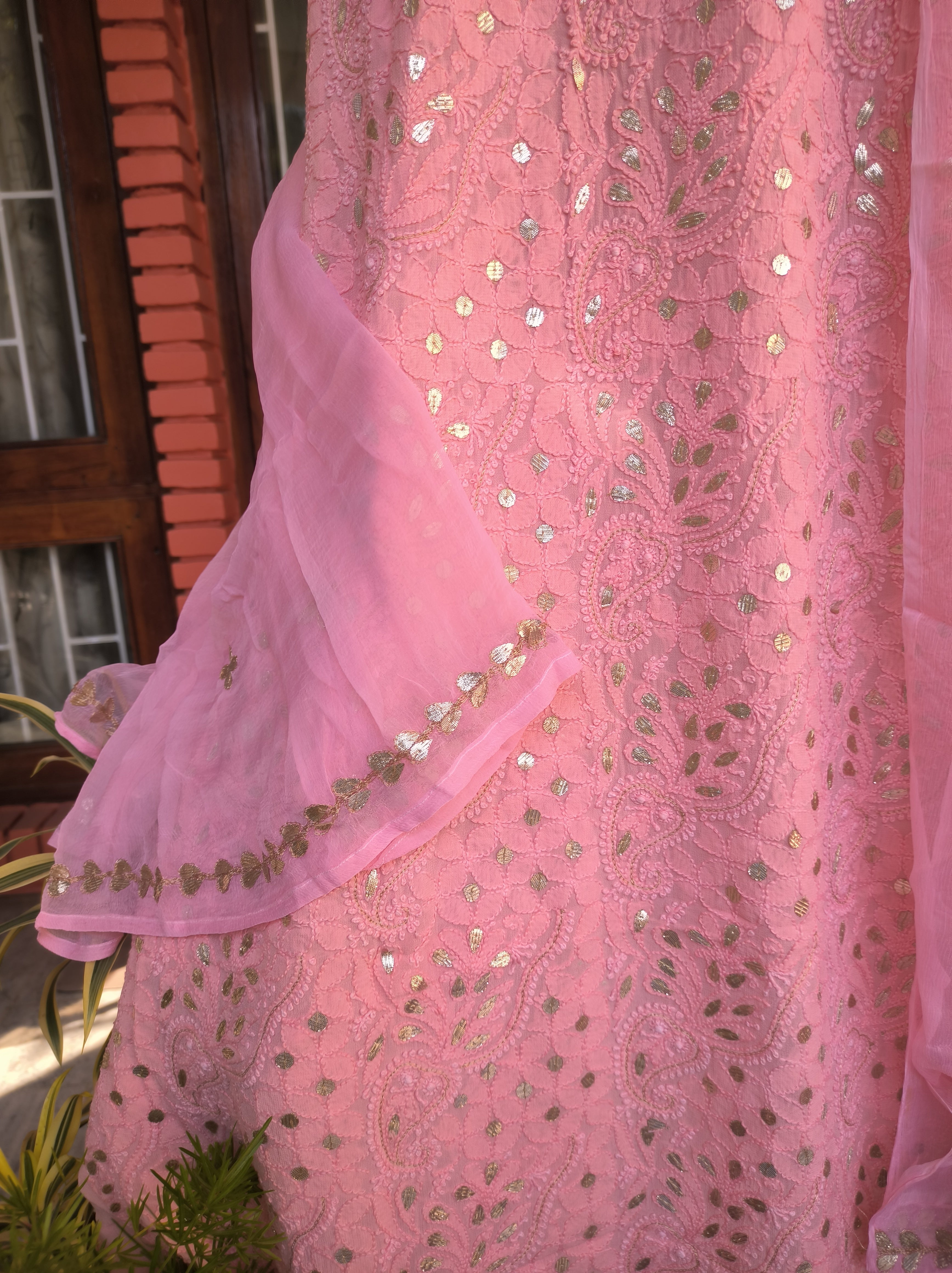 “Nazra” Light Pink Lucknowi Chikankari Gota Patti Salwar Suit(Dress Material)