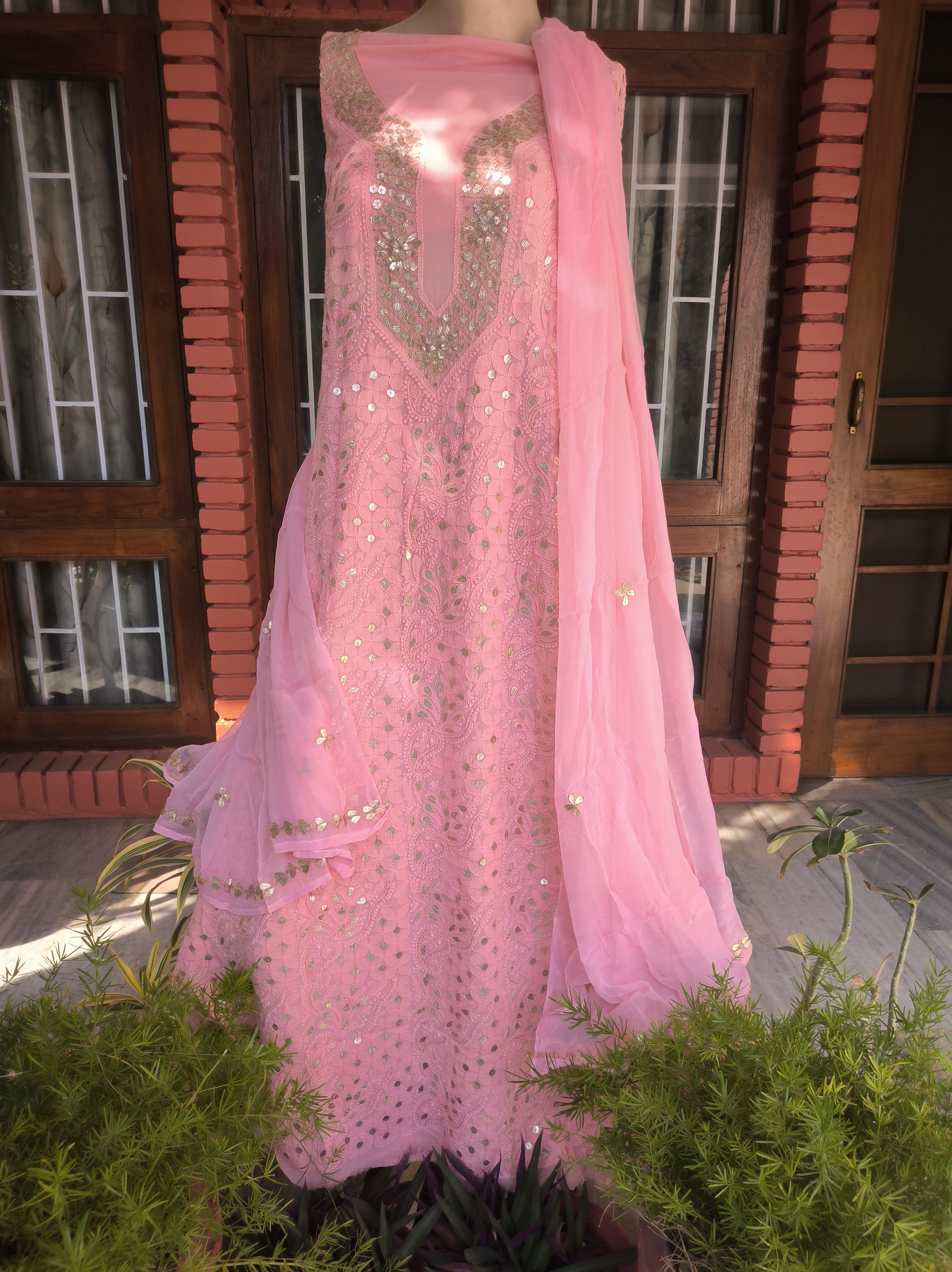 “Nazra” Light Pink Lucknowi Chikankari Gota Patti Salwar Suit(Dress Material)