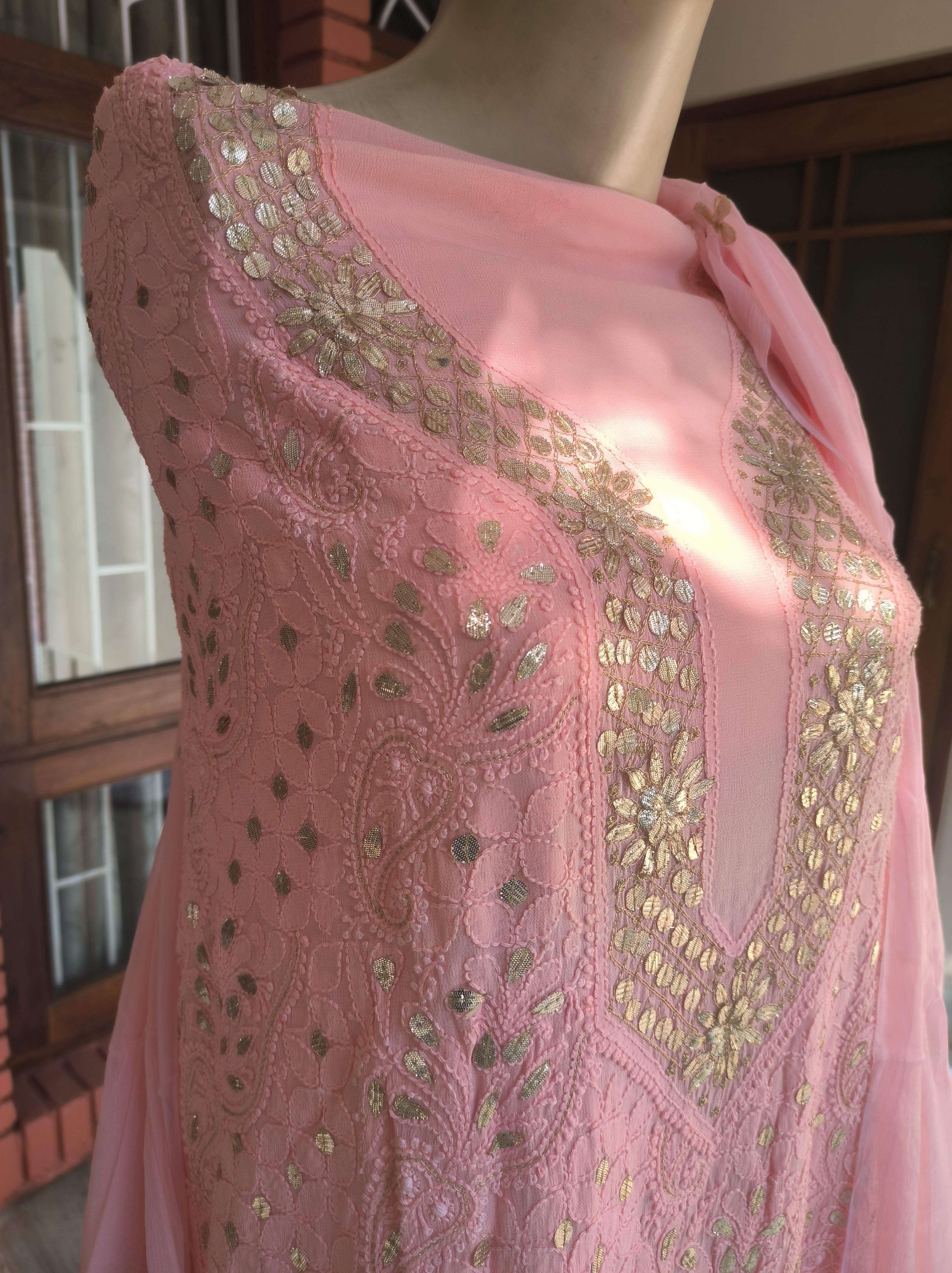 “Nazra” Light Pink Lucknowi Chikankari Gota Patti Salwar Suit(Dress Material)