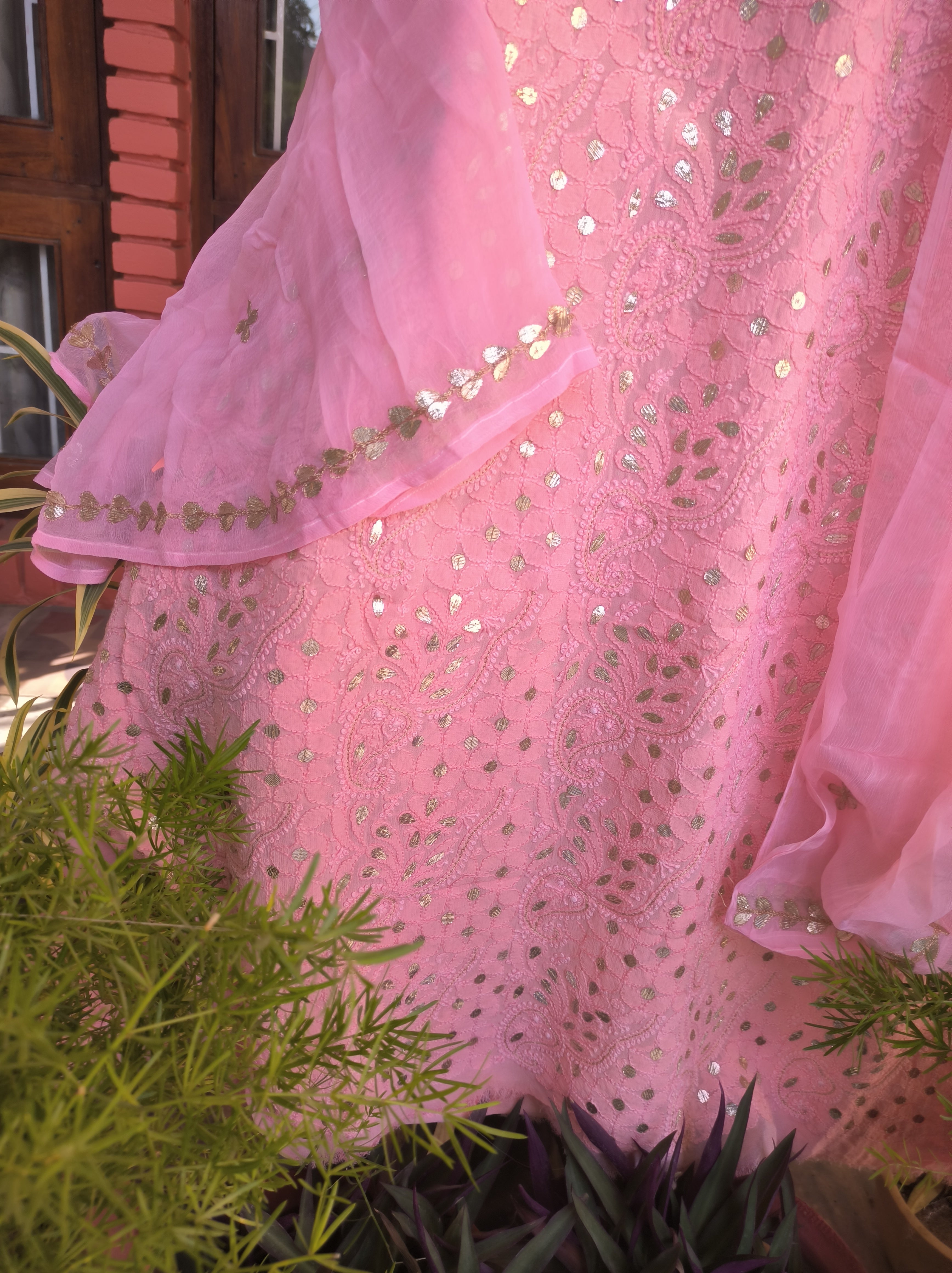 “Nazra” Light Pink Lucknowi Chikankari Gota Patti Salwar Suit(Dress Material)
