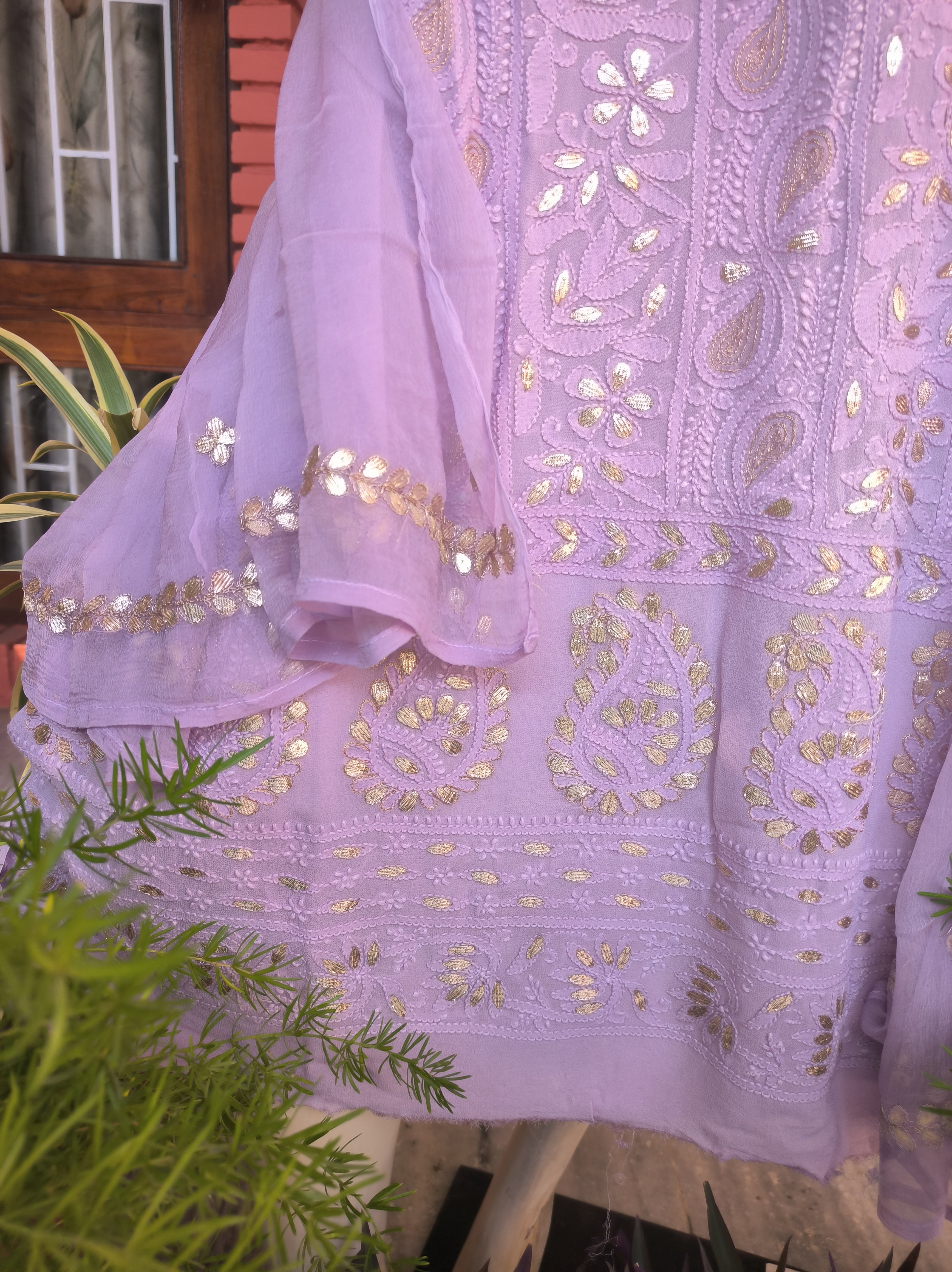 Lavender purple Lucknowi Chikankari Gota Patti Salwar Suit(Dress Material)