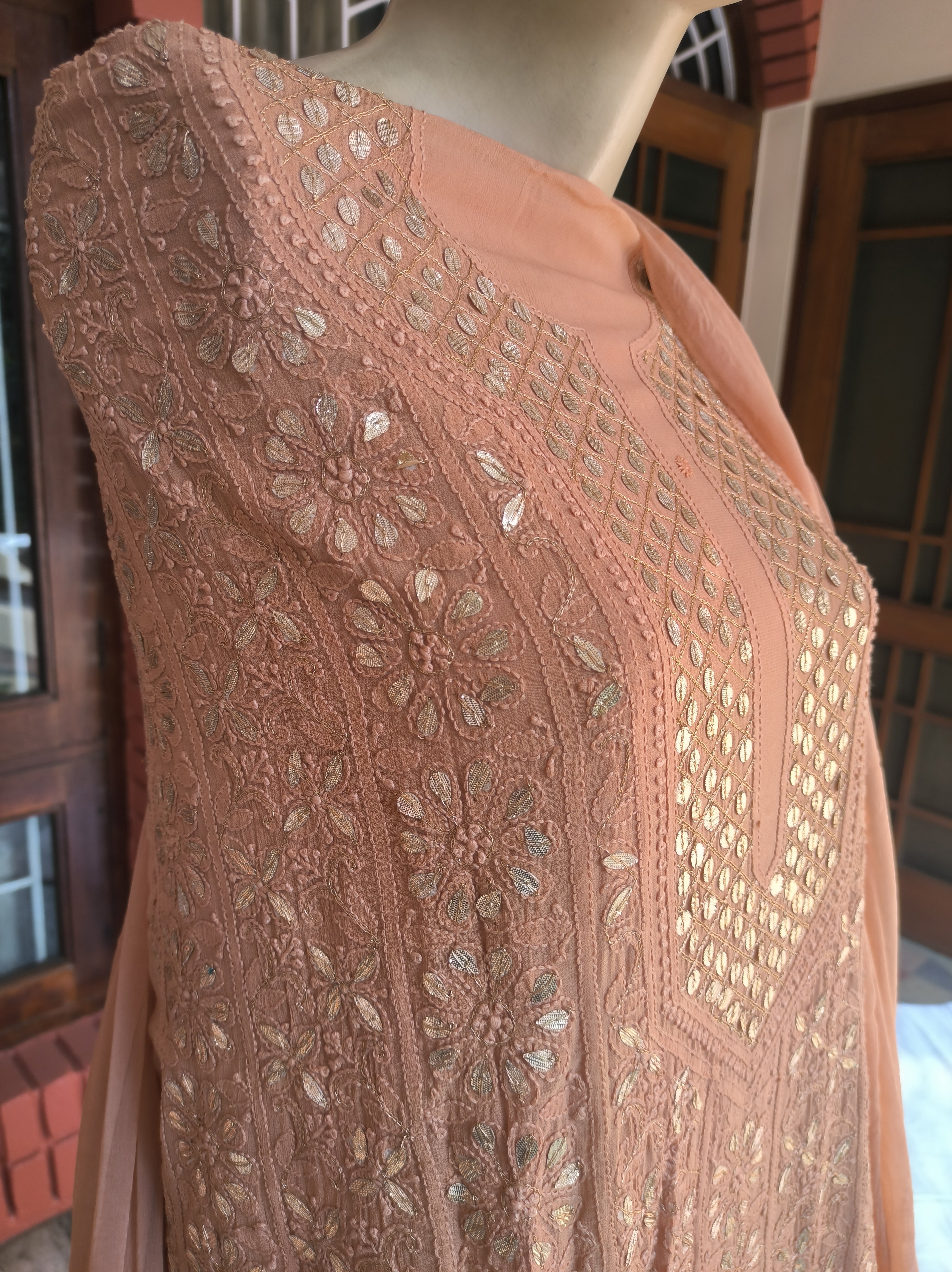 “Shafaq” Peach Lucknowi Chikankari Gota Patti Salwar Suit(Dress Material)