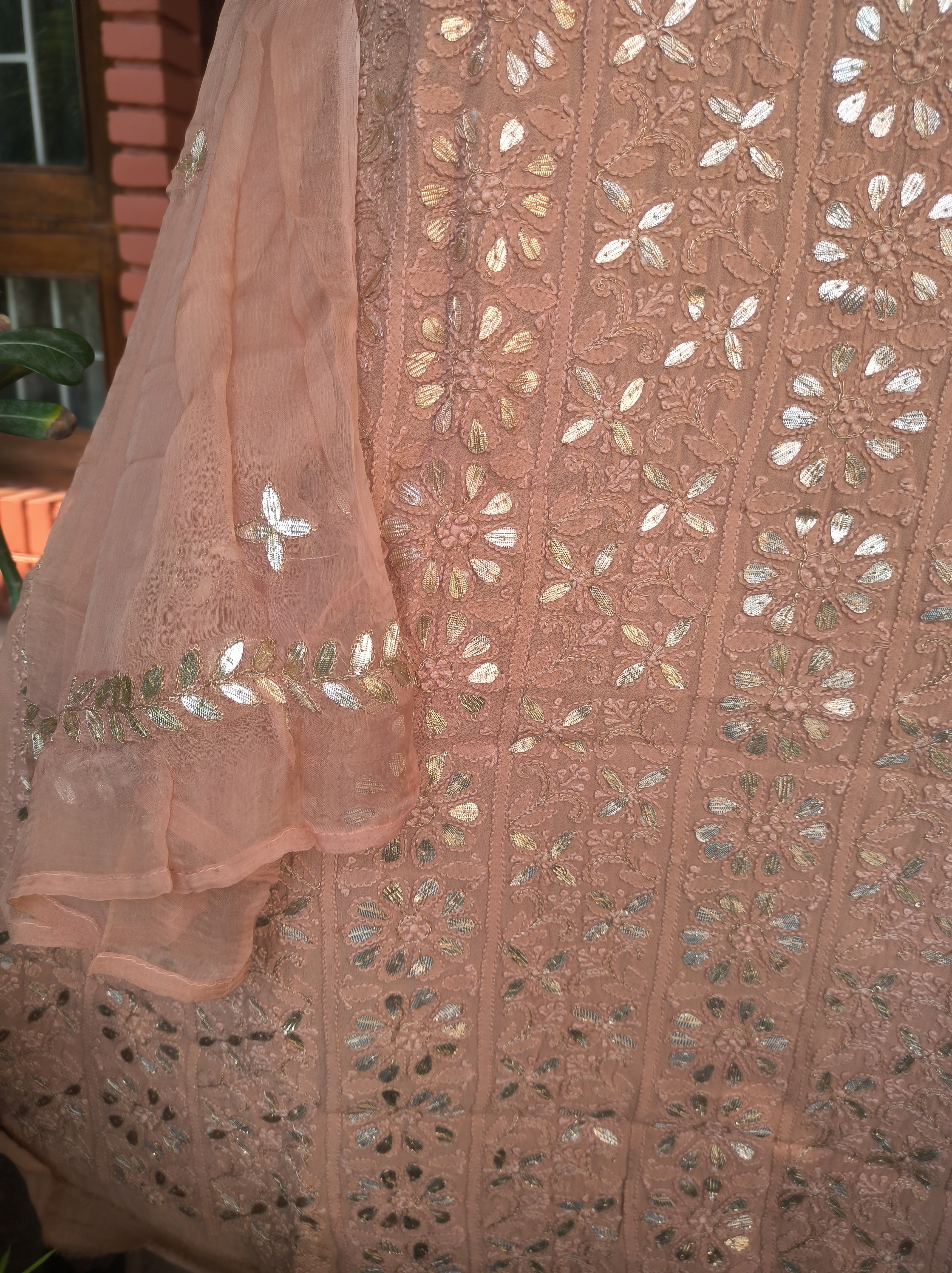 “Shafaq” Peach Lucknowi Chikankari Gota Patti Salwar Suit(Dress Material)