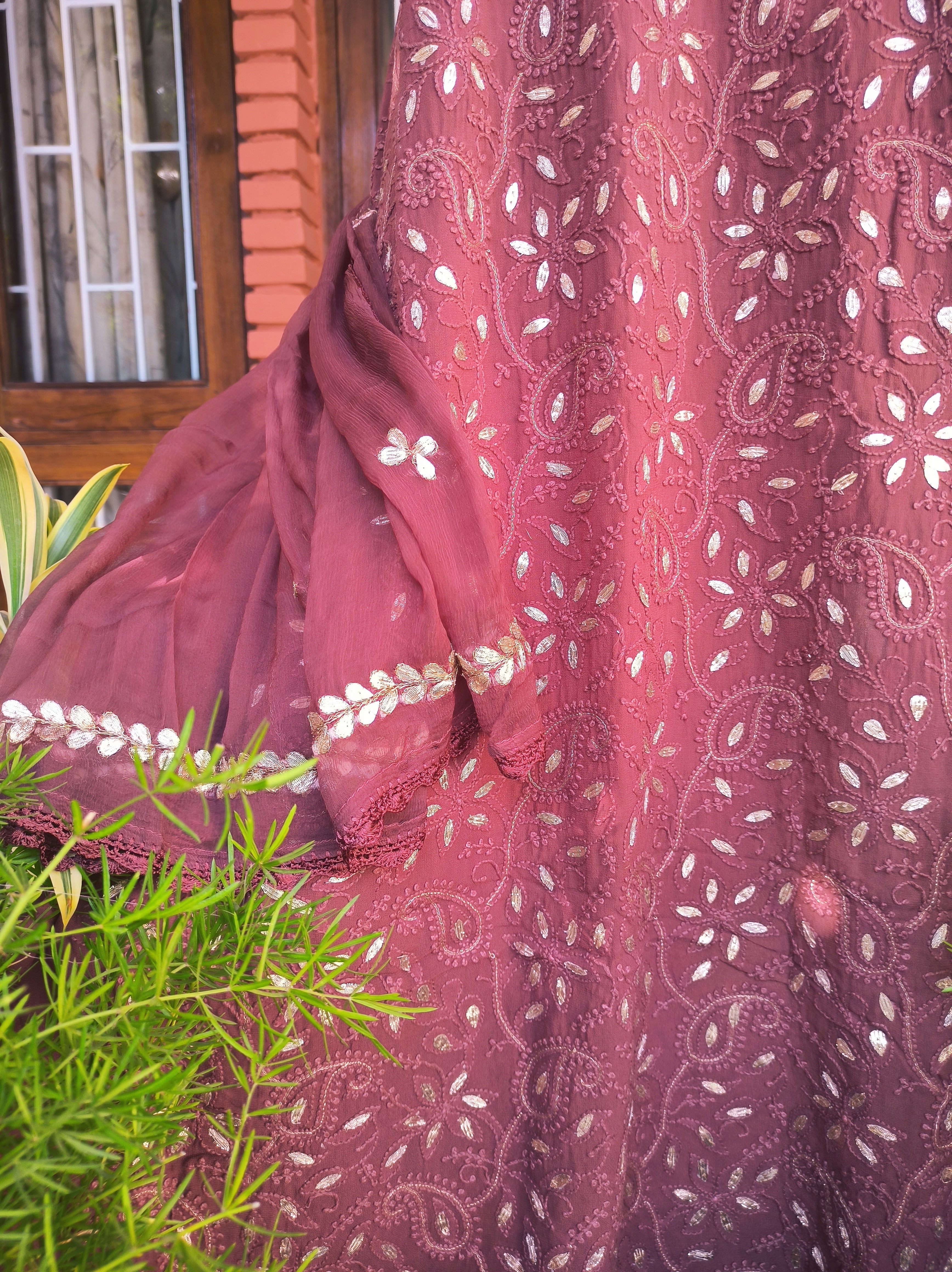 Mauve pink Lucknowi Chikankari Gota Patti Salwar Suit(Dress Material)