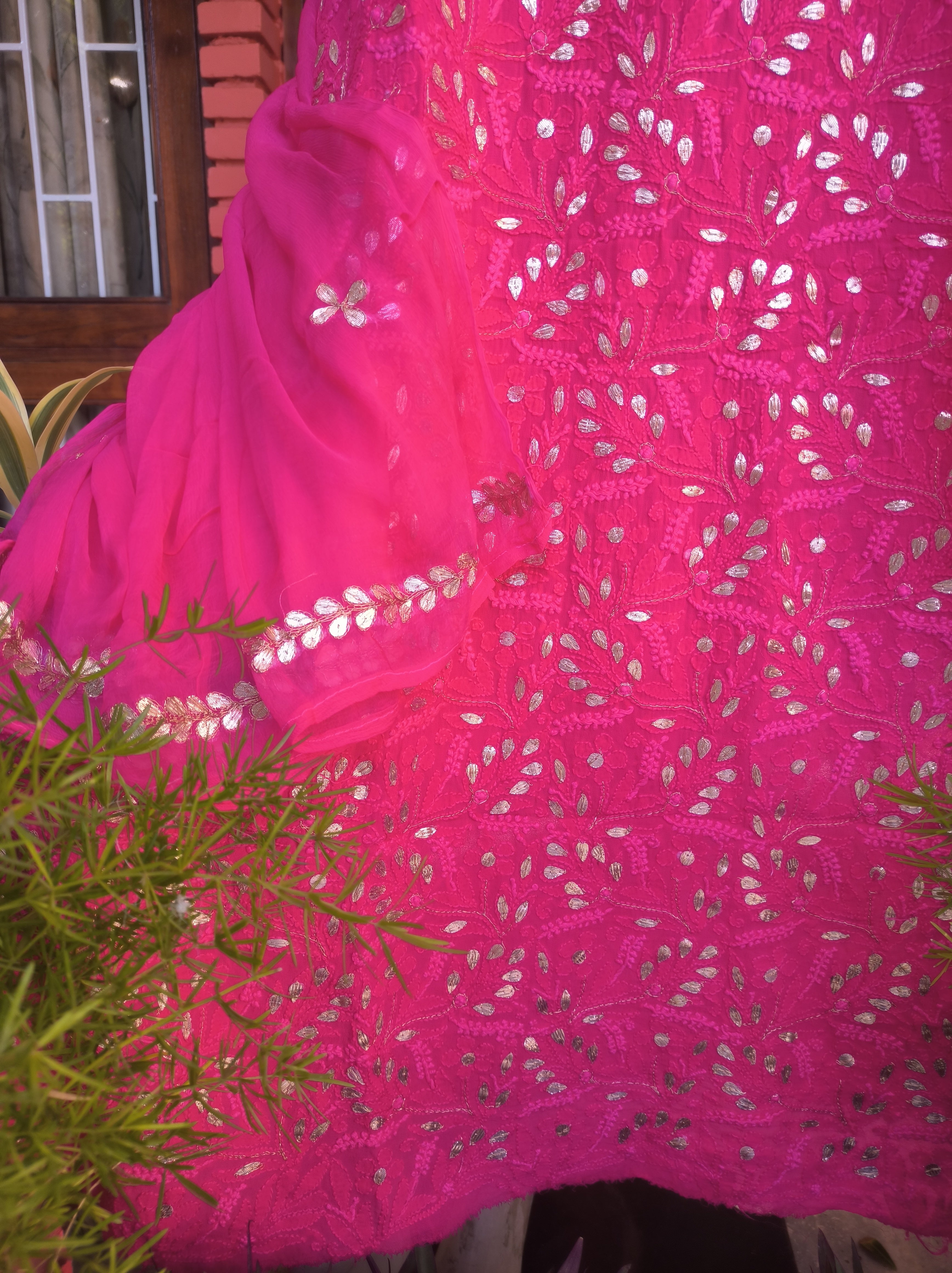 Rani pink Lucknowi Chikankari Gota Patti Salwar Suit(Dress Material)