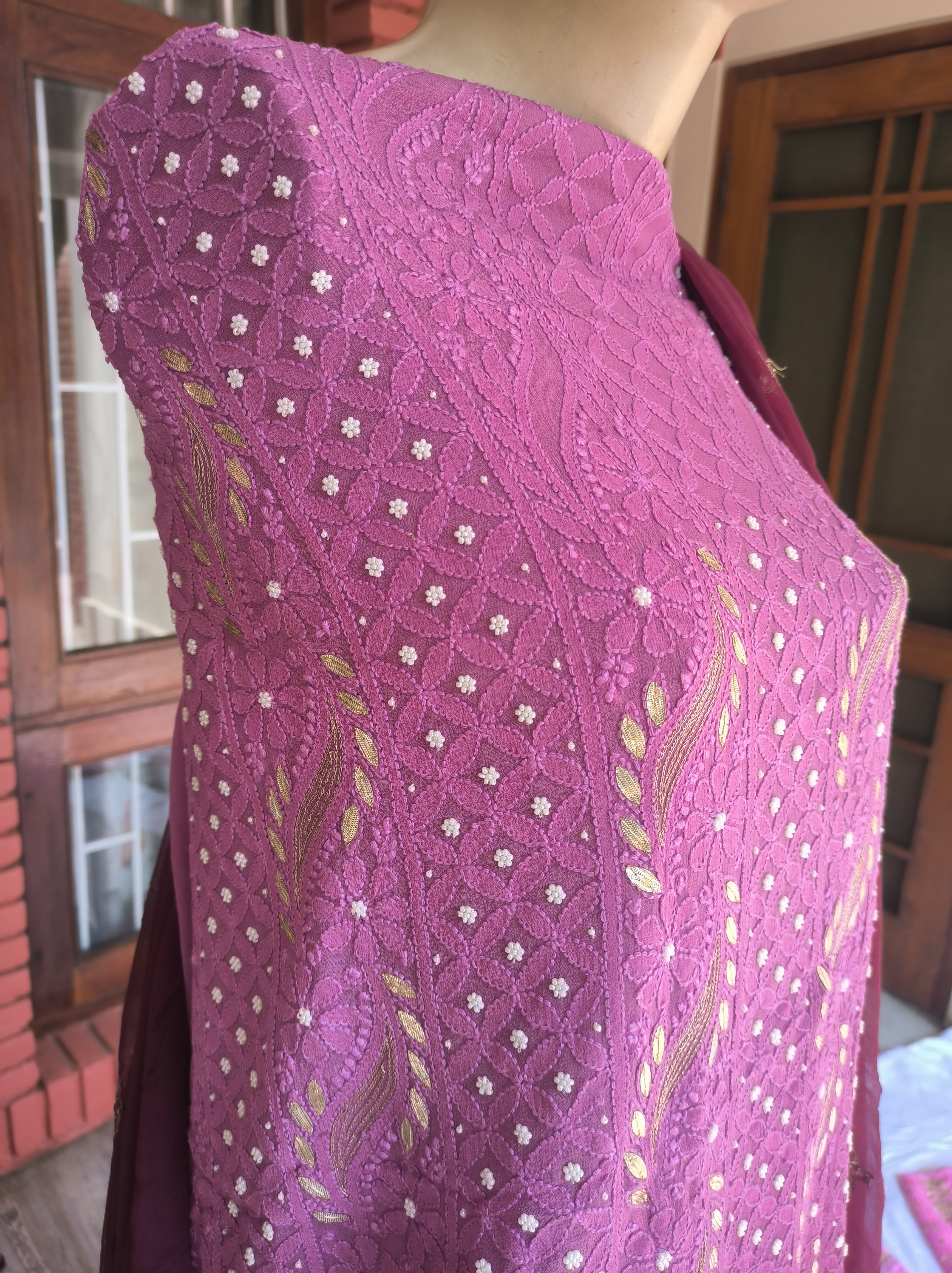 “Jamuniya” Purple & deep maroon Lucknowi Chikankari Gota Patti Salwar Suit(Dress Material)