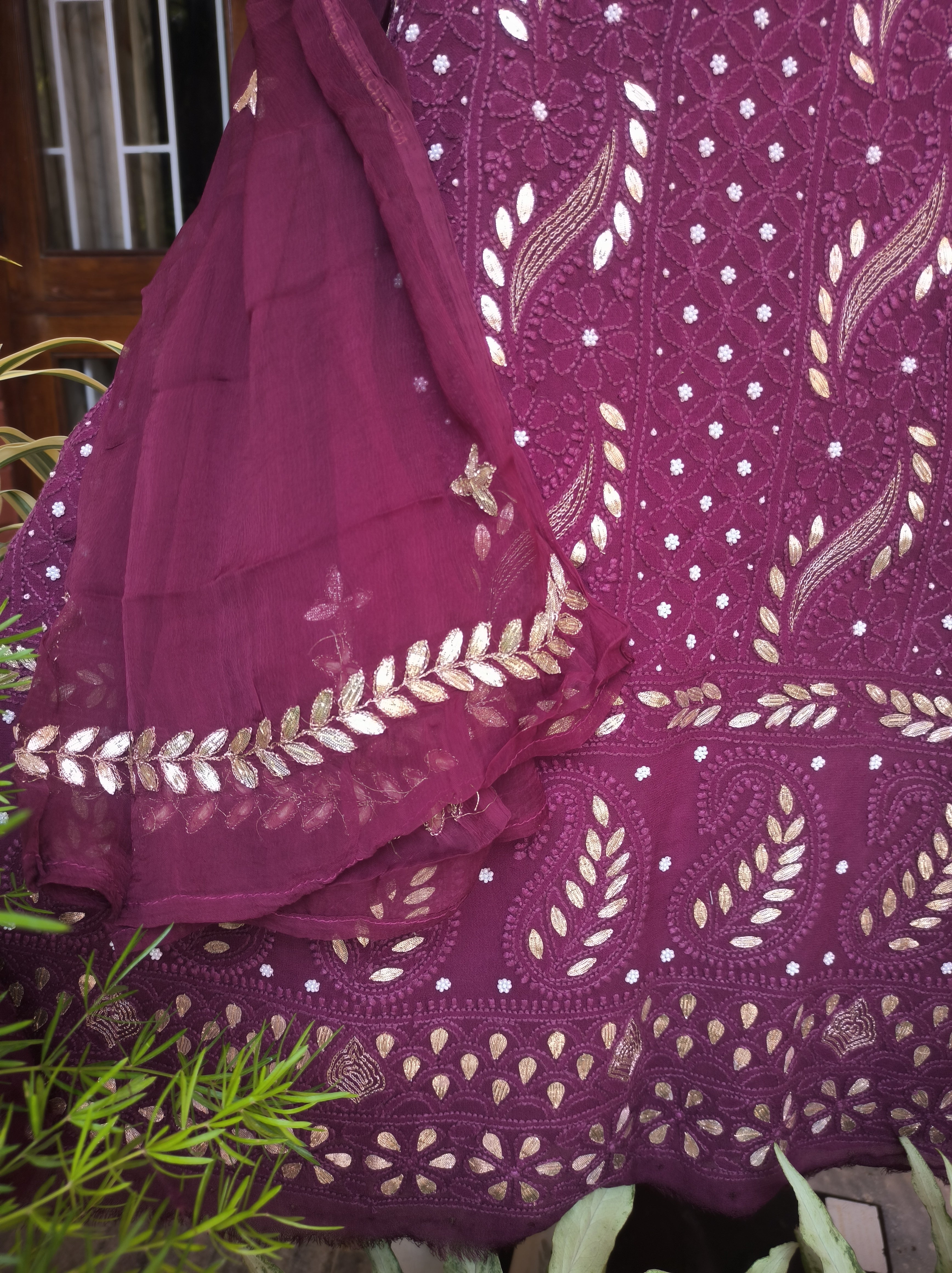 “Jamuniya” Purple & deep maroon Lucknowi Chikankari Gota Patti Salwar Suit(Dress Material)