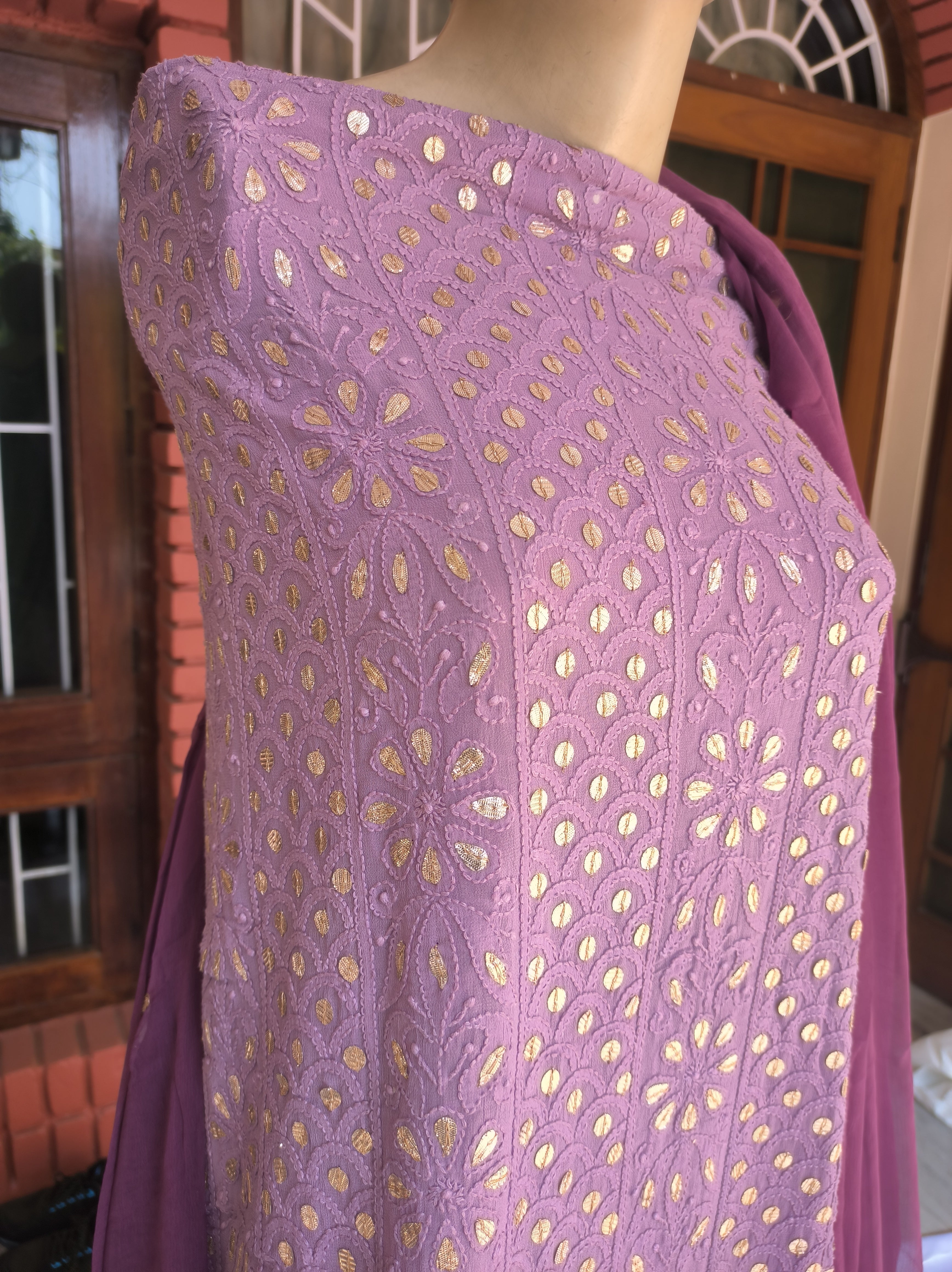 “Shah-e-Rang” Purple & deep maroon Lucknowi Chikankari Gota Patti Salwar Suit(Dress Material)