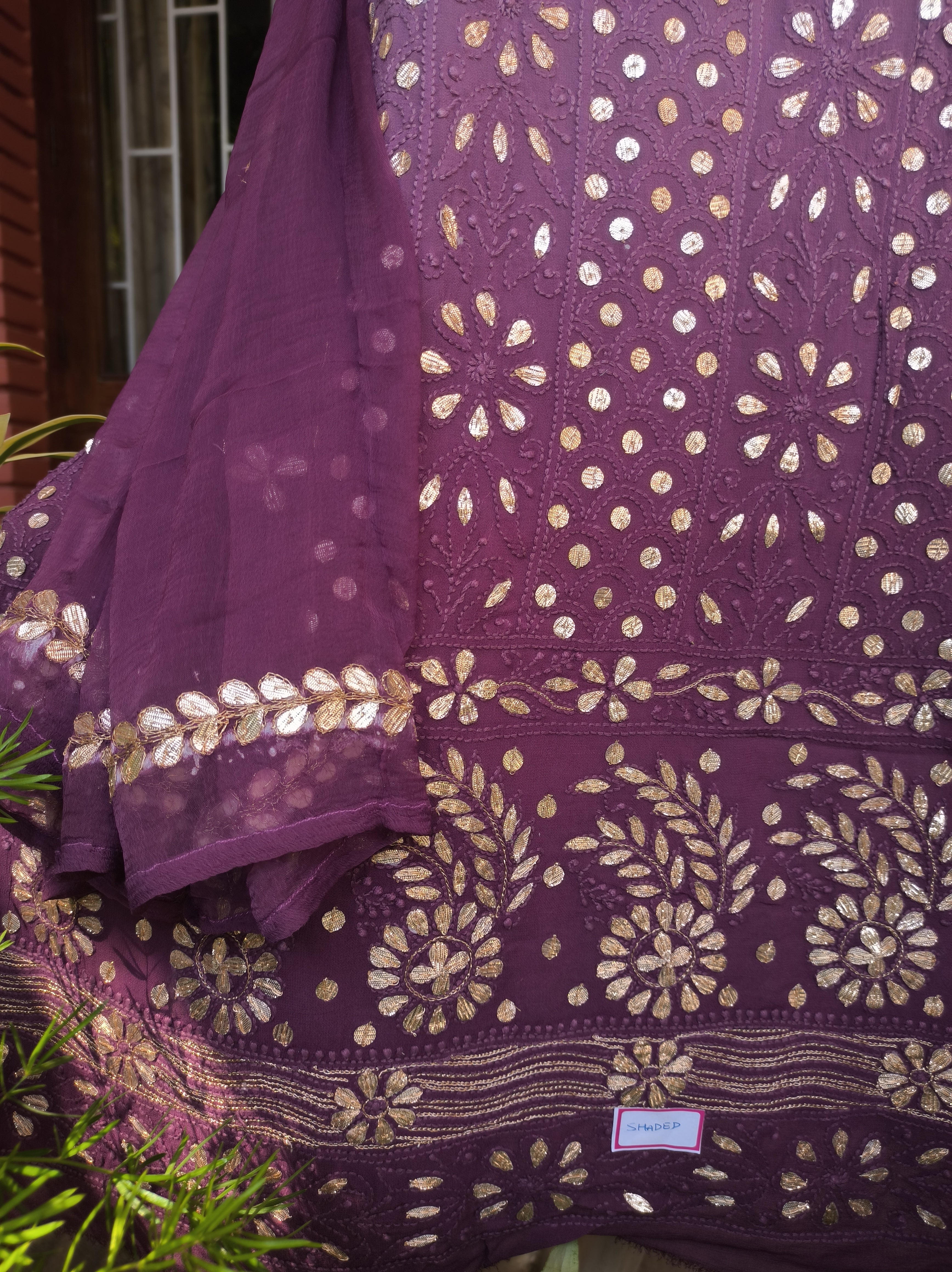 “Shah-e-Rang” Purple & deep maroon Lucknowi Chikankari Gota Patti Salwar Suit(Dress Material)