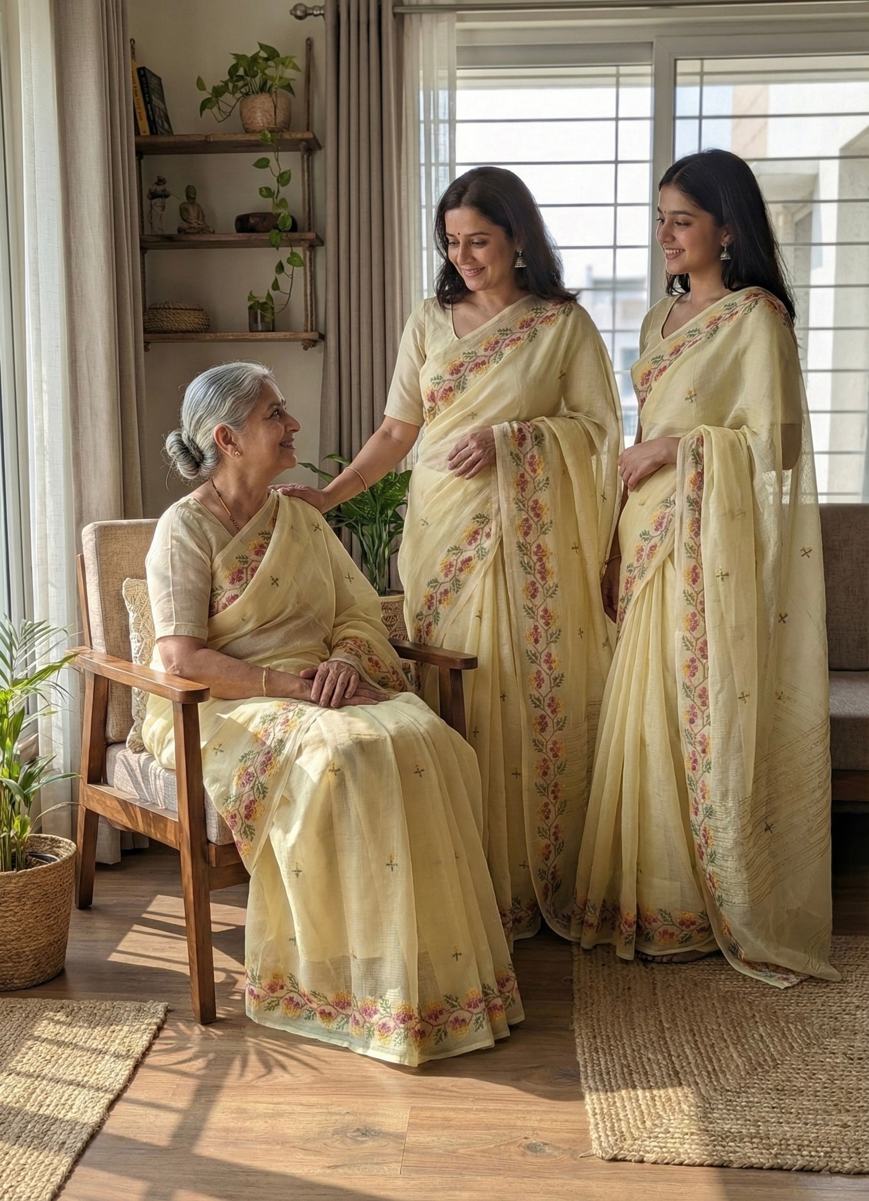 Leher- Cross Stitch Kota Doria Embroidery Work Saree In Yellow